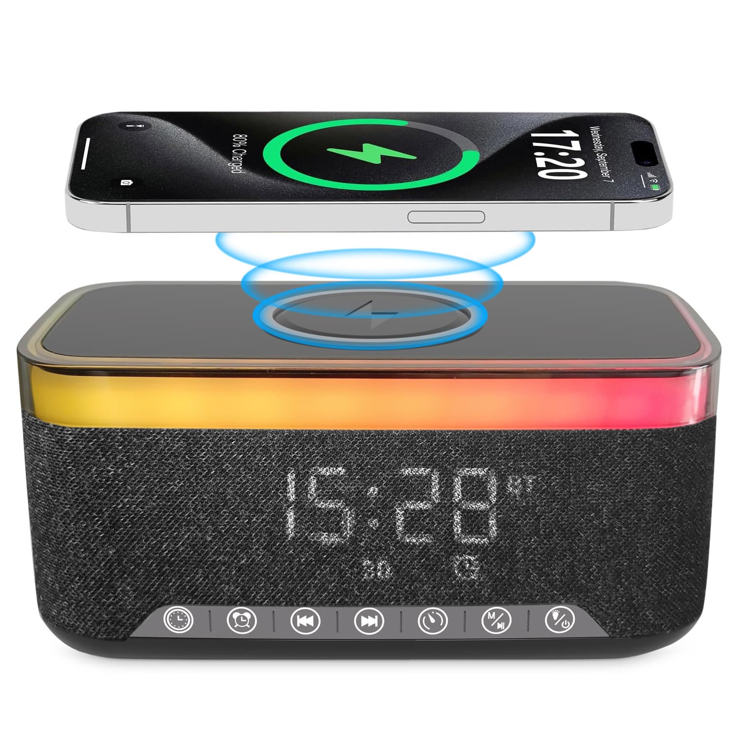Bluetooth Speaker Alarm Clock w/ 15W Fast Wireless Charging, 13 Night Light modes, Rechargeable Battery, 10W Stereo Speaker, 12/24H Digital Clock, Sleep Timer, White Noise Mode, US