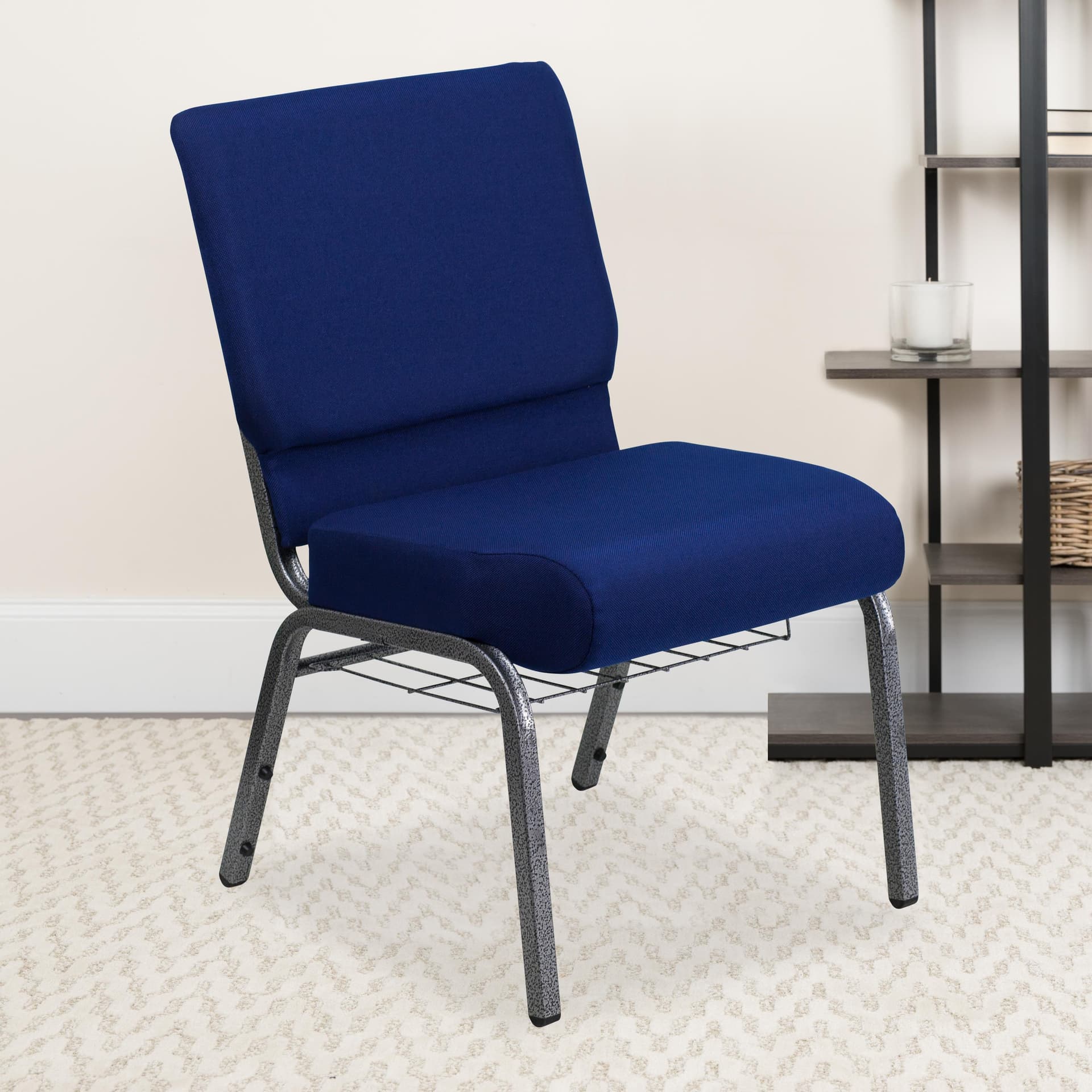 21"W Church Chair in Navy Blue Fabric with Cup Book Rack - Silver Vein Frame