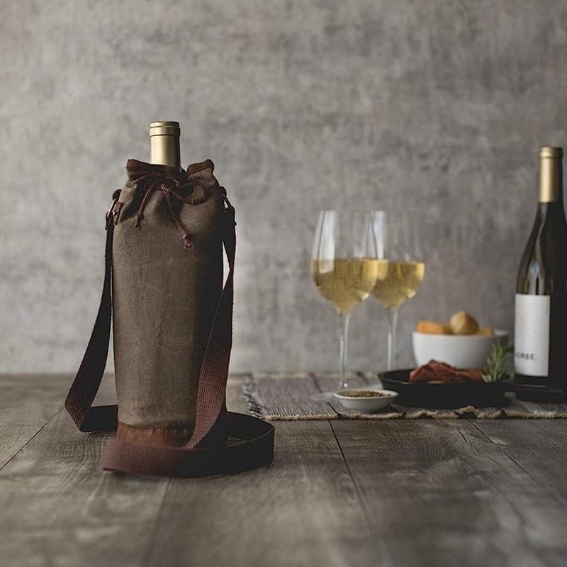 Waxed Canvas Wine Tote - Khaki Green