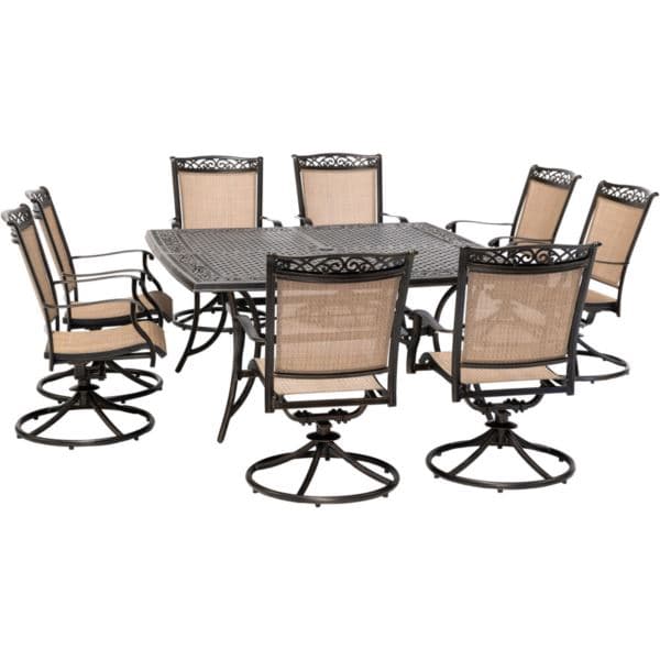 Fontana 9-Piece Outdoor Dining Set with 8 Sling Swivel Rockers and a 60-In. Square Cast-Top Table