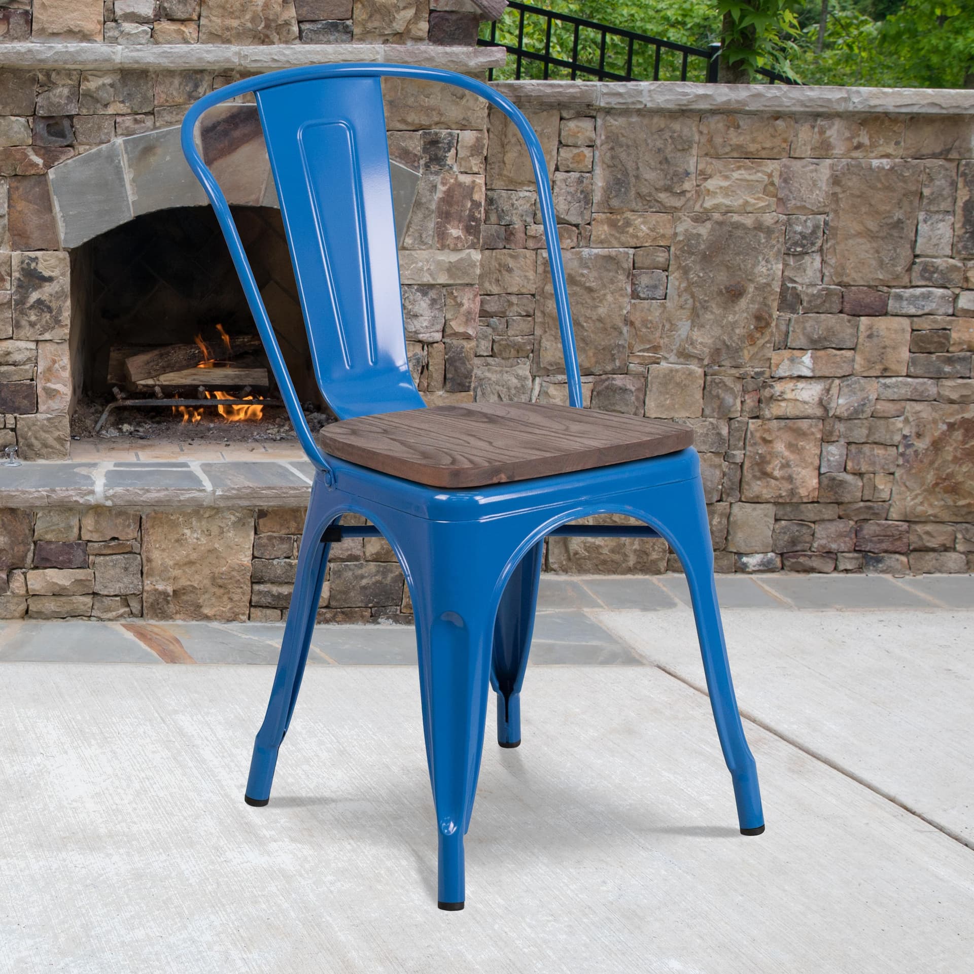 Blue Metal Stackable Chair with Wood Seat - Restaurant Chair - Bistro Chair