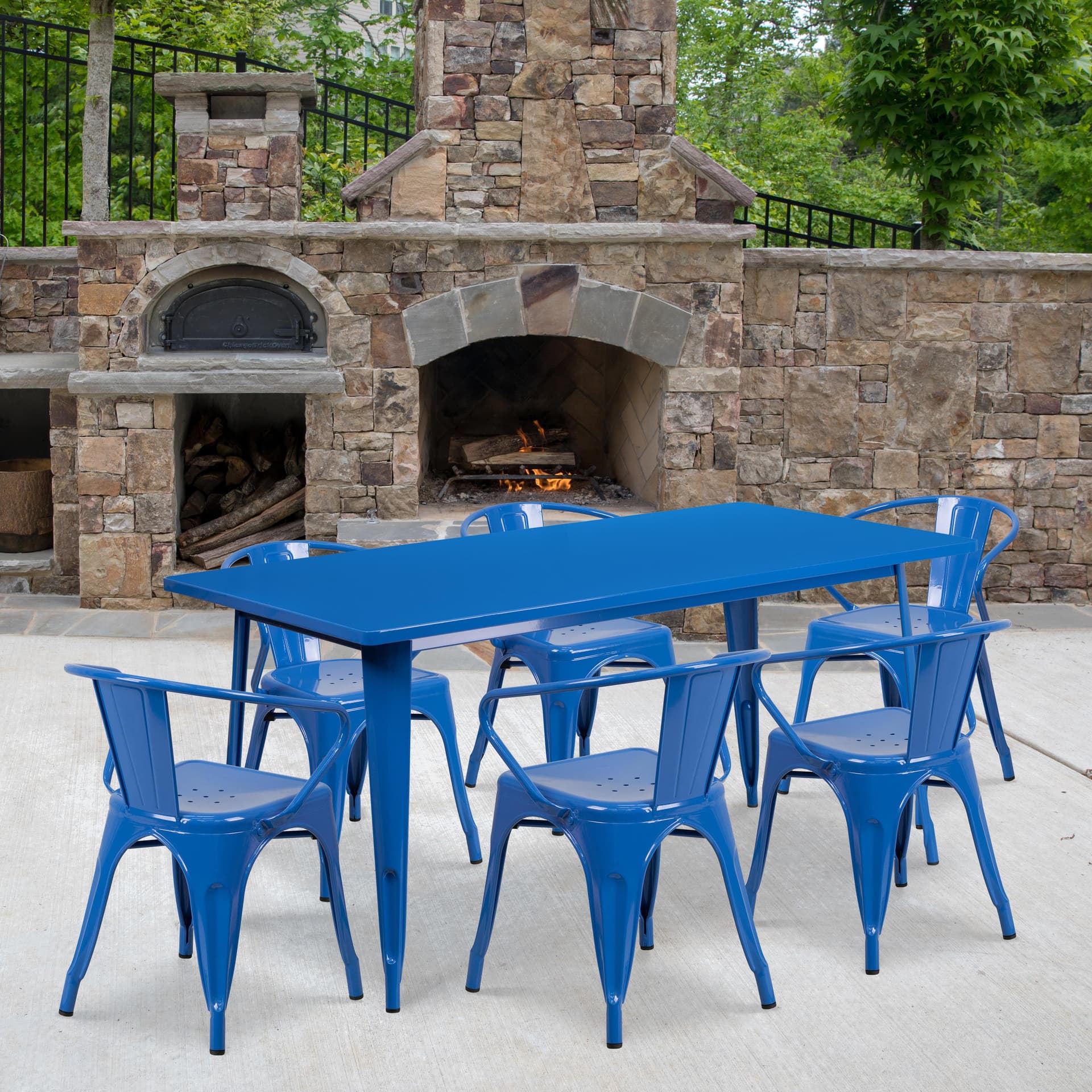 31.5" x 63" Rectangular Blue Metal Indoor-Outdoor Table Set with 6 Arm Chairs