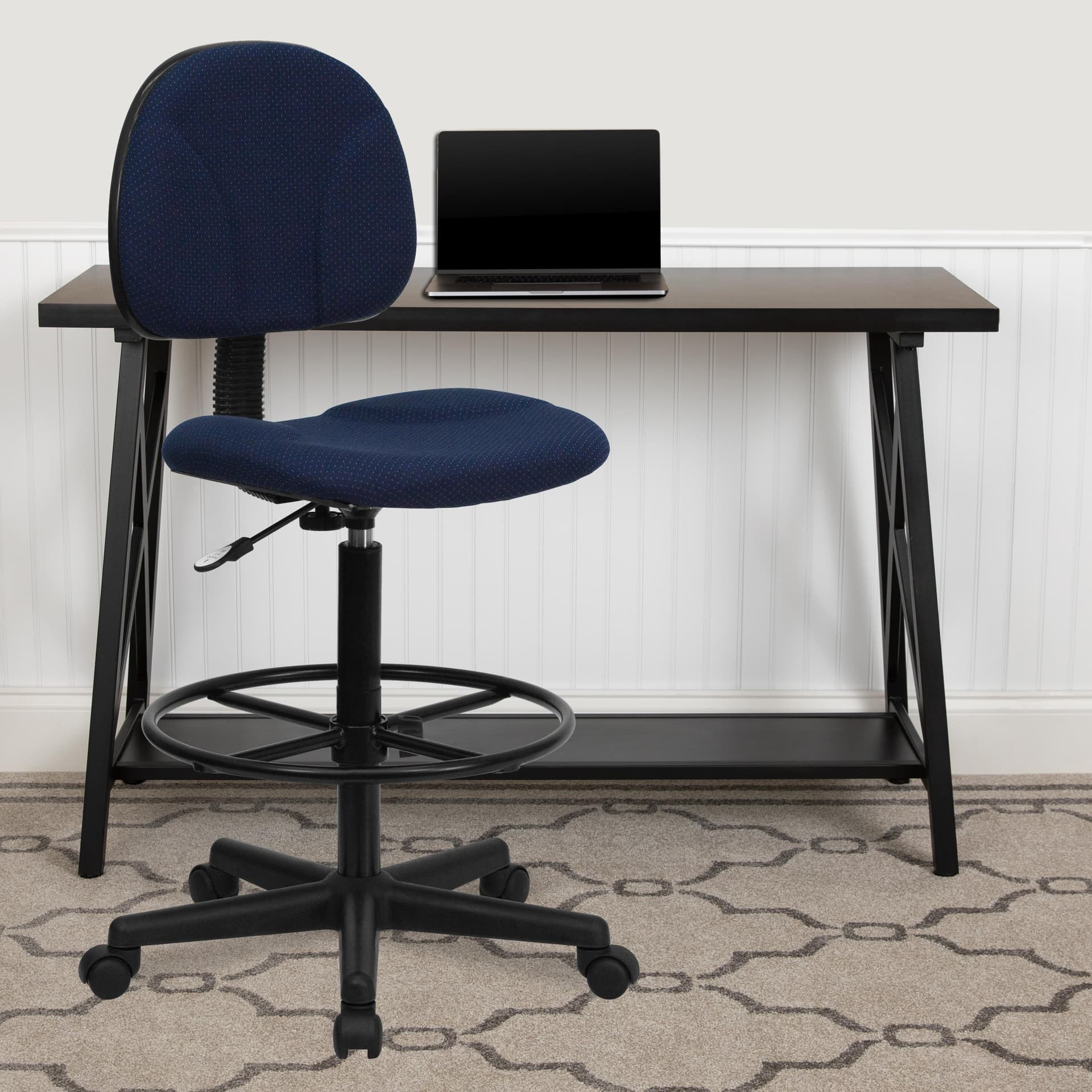 Navy Blue Patterned Fabric Swivel Adjustable Drafting Chair