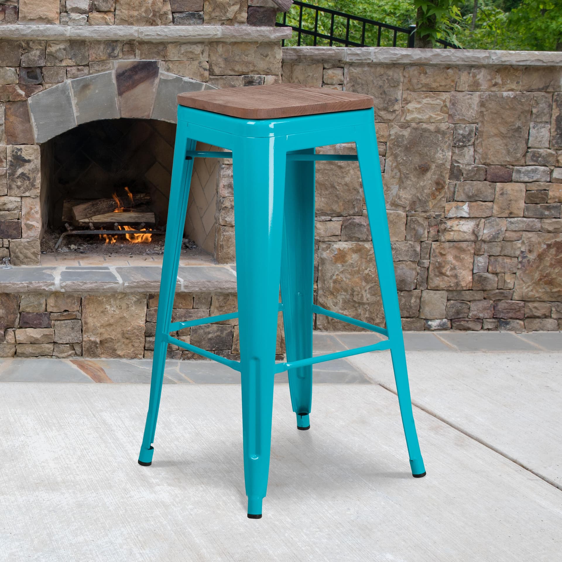 30" High Backless Crystal Teal-Blue Barstool with Square Wood Seat - Patio Chair