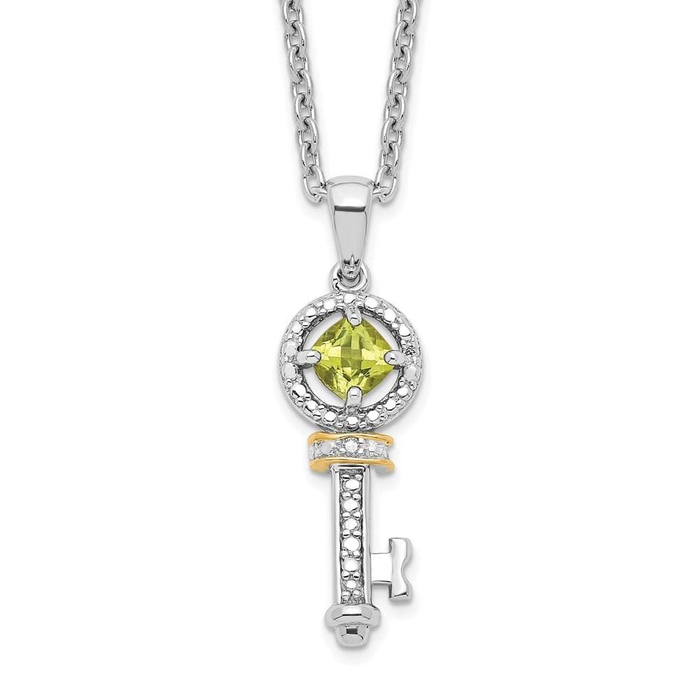 Sterling Silver 14k Accent Peridot and Diamond Key 18inch Necklace