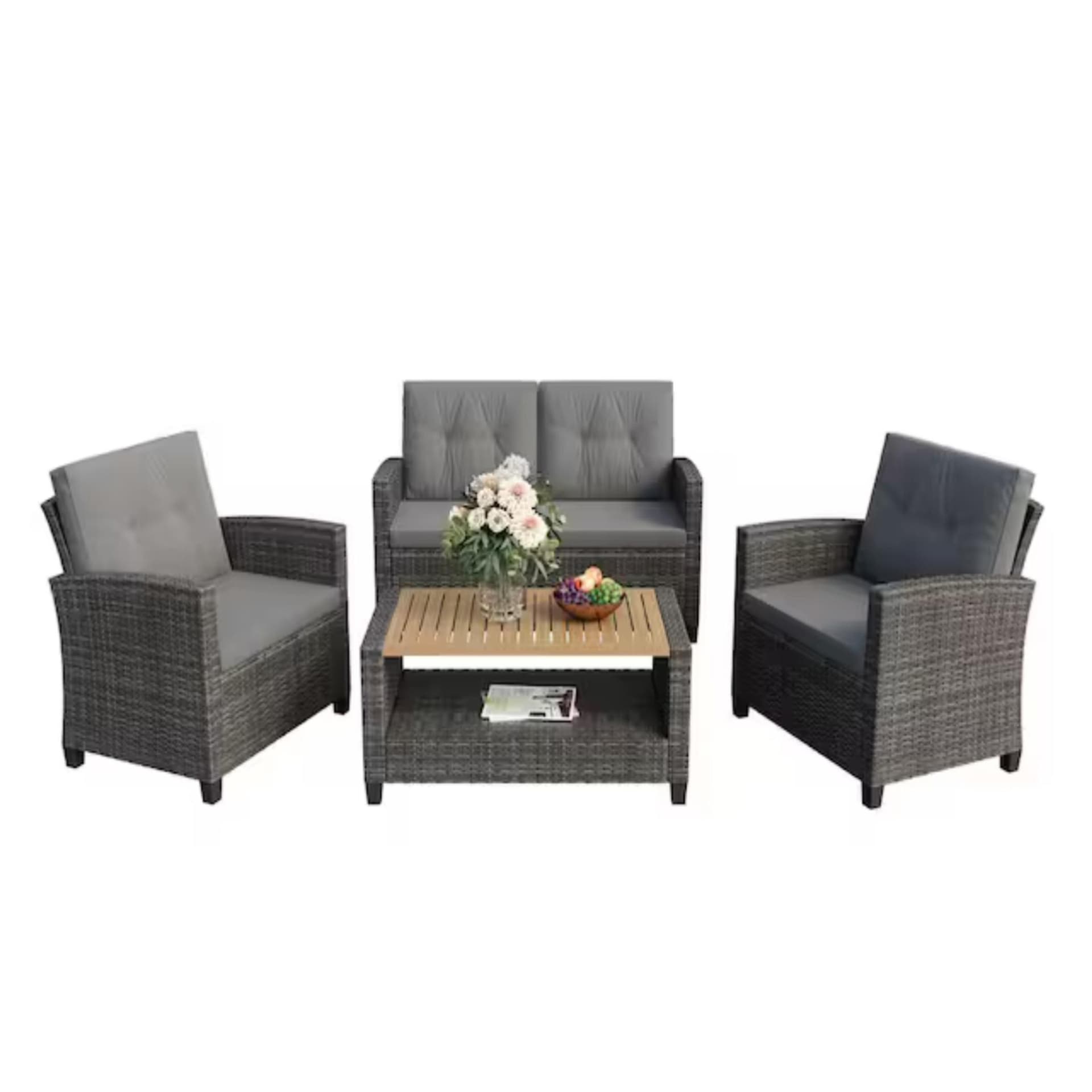 4-Piece All-Weather Wicker Patio Conversation Set w/Gray Cushions & Accacia Wood Table