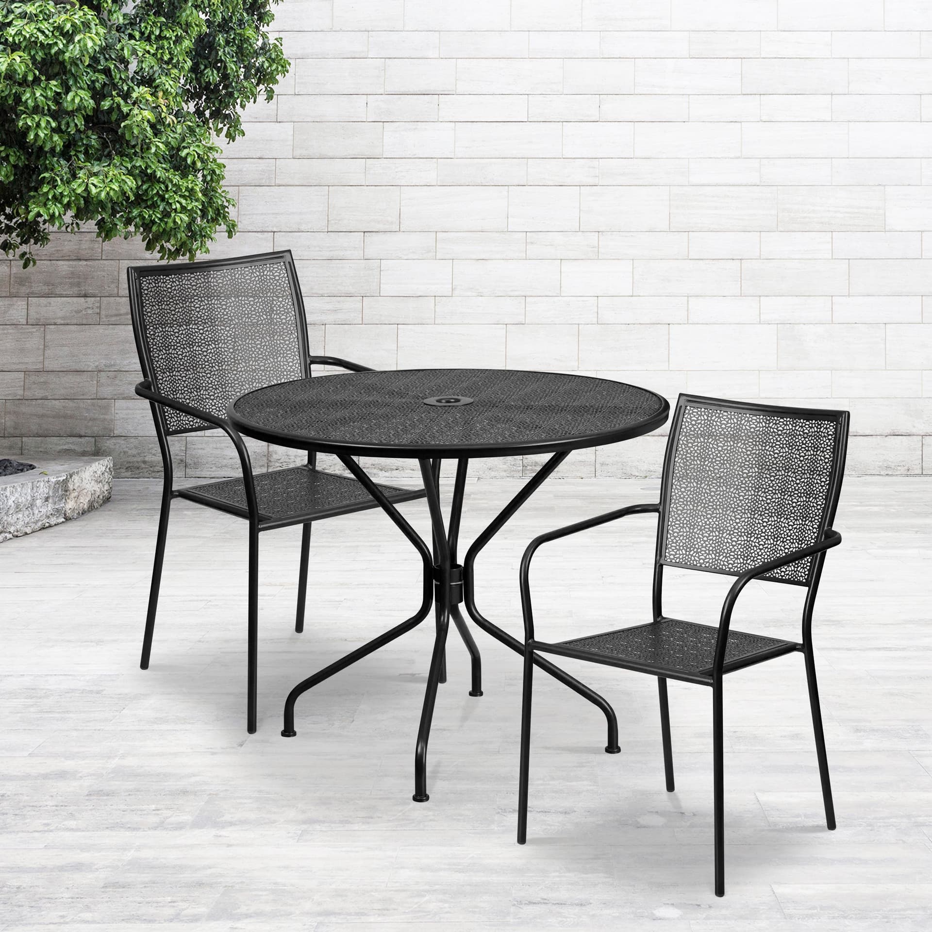35.25" Round Gold Indoor-Outdoor Steel Patio Table Set w/ 2 Square Back Chairs