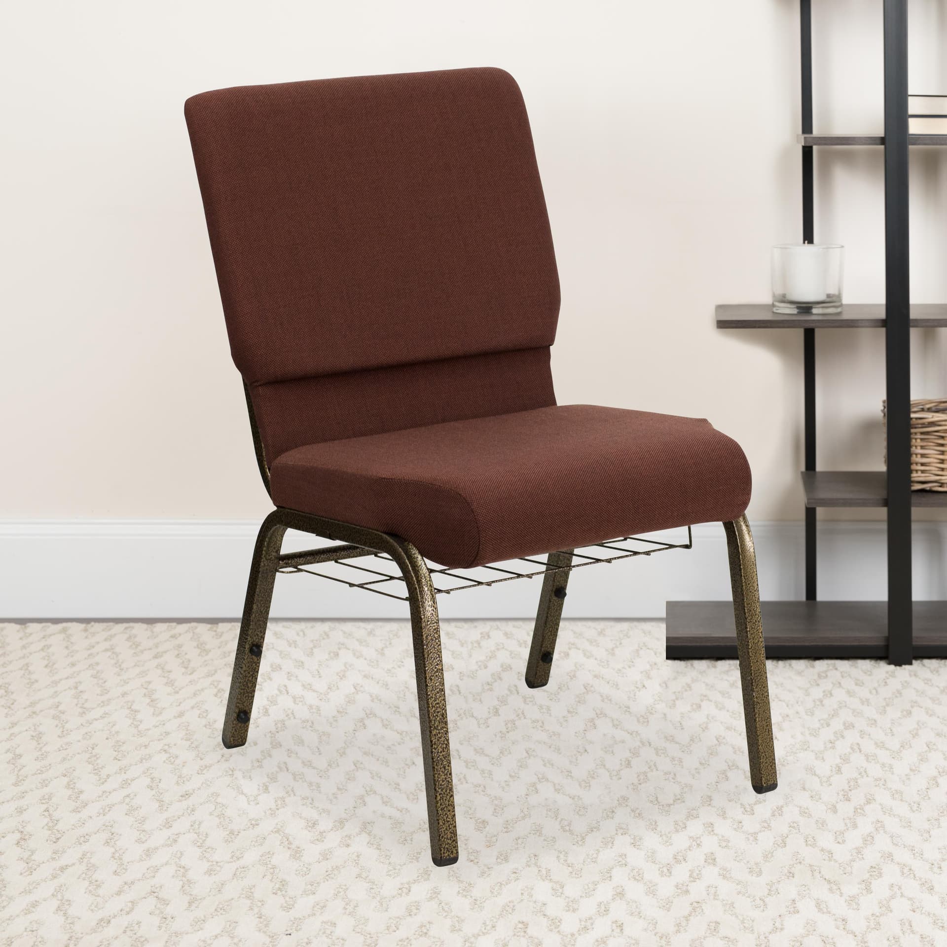 18.5"W Church Chair in Brown Fabric with Cup Book Rack - Gold Vein Frame