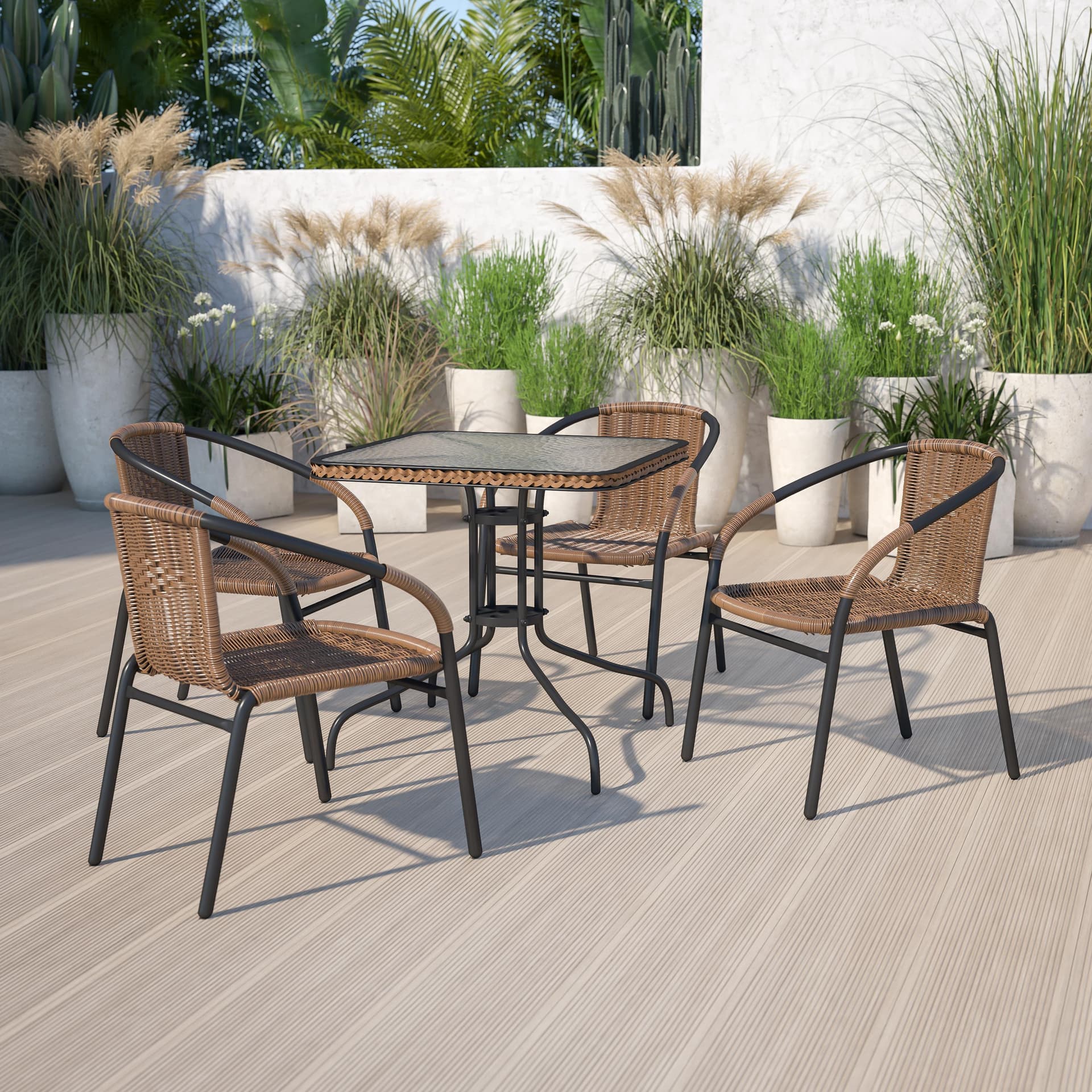 28" Square Tempered Glass Metal Table with Dark Brown Rattan Edging