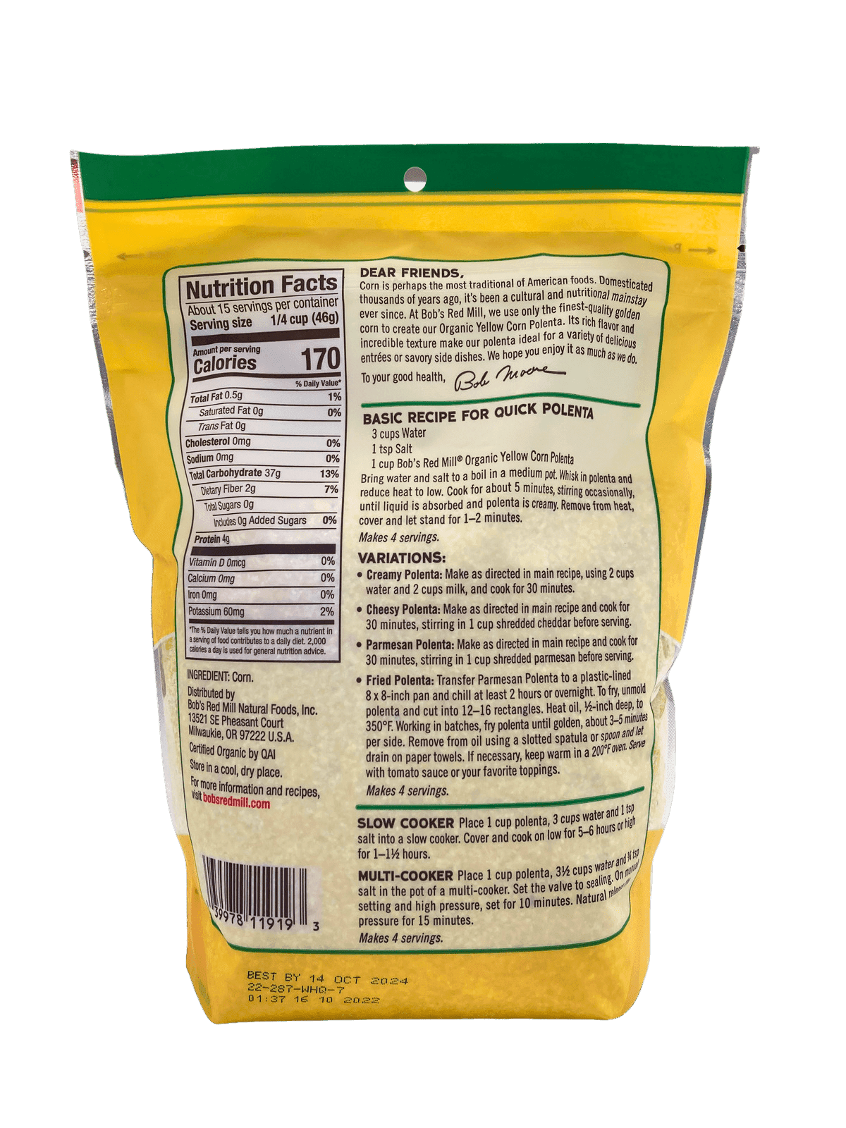 Corn Grits, Yellow, Organic, Polenta, Bob's Red Mill - Country Life Natural Foods