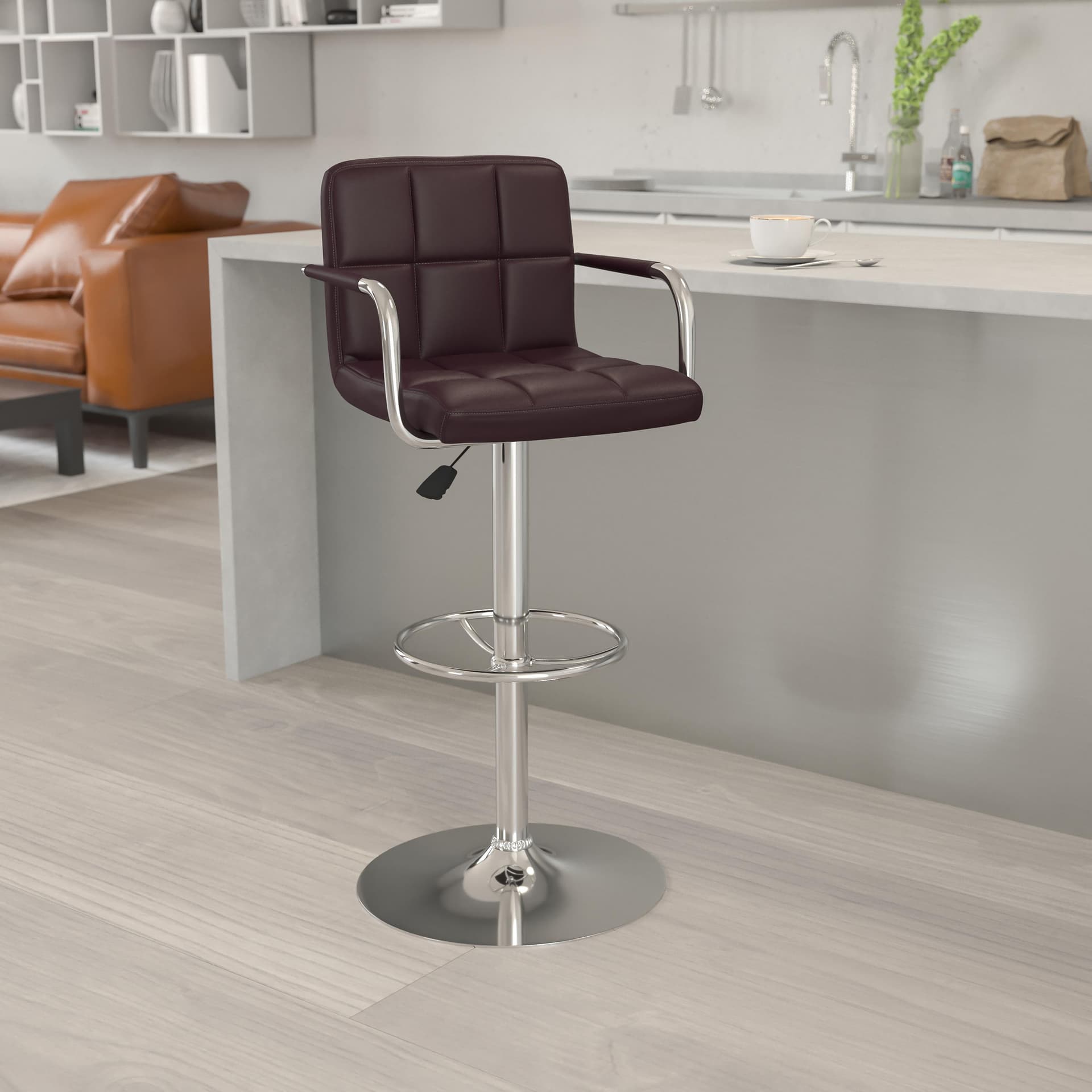 Brown Quilted Vinyl Adjustable Height Barstool with Arms and Chrome Base