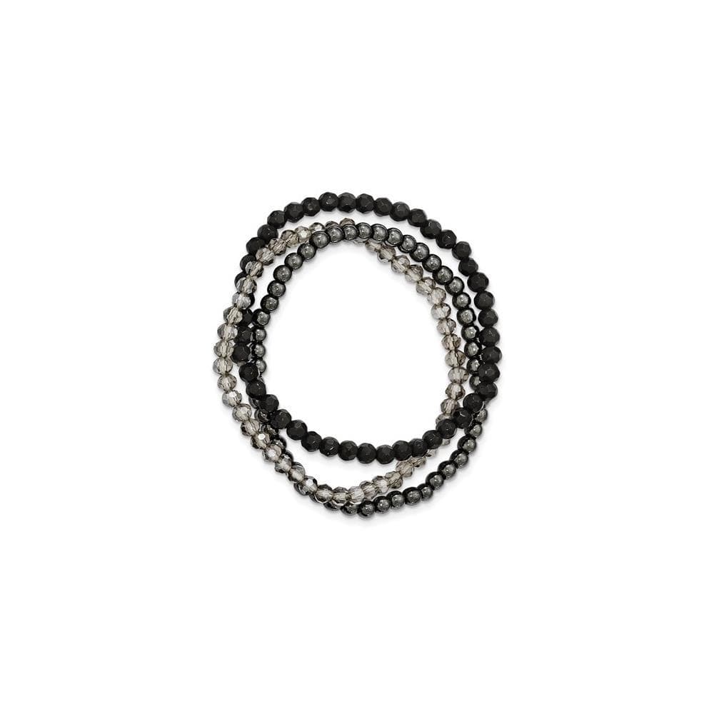 Sterling Silver Black and Smoky Crystal, Hematite 3 Strand Stretch Bracelet