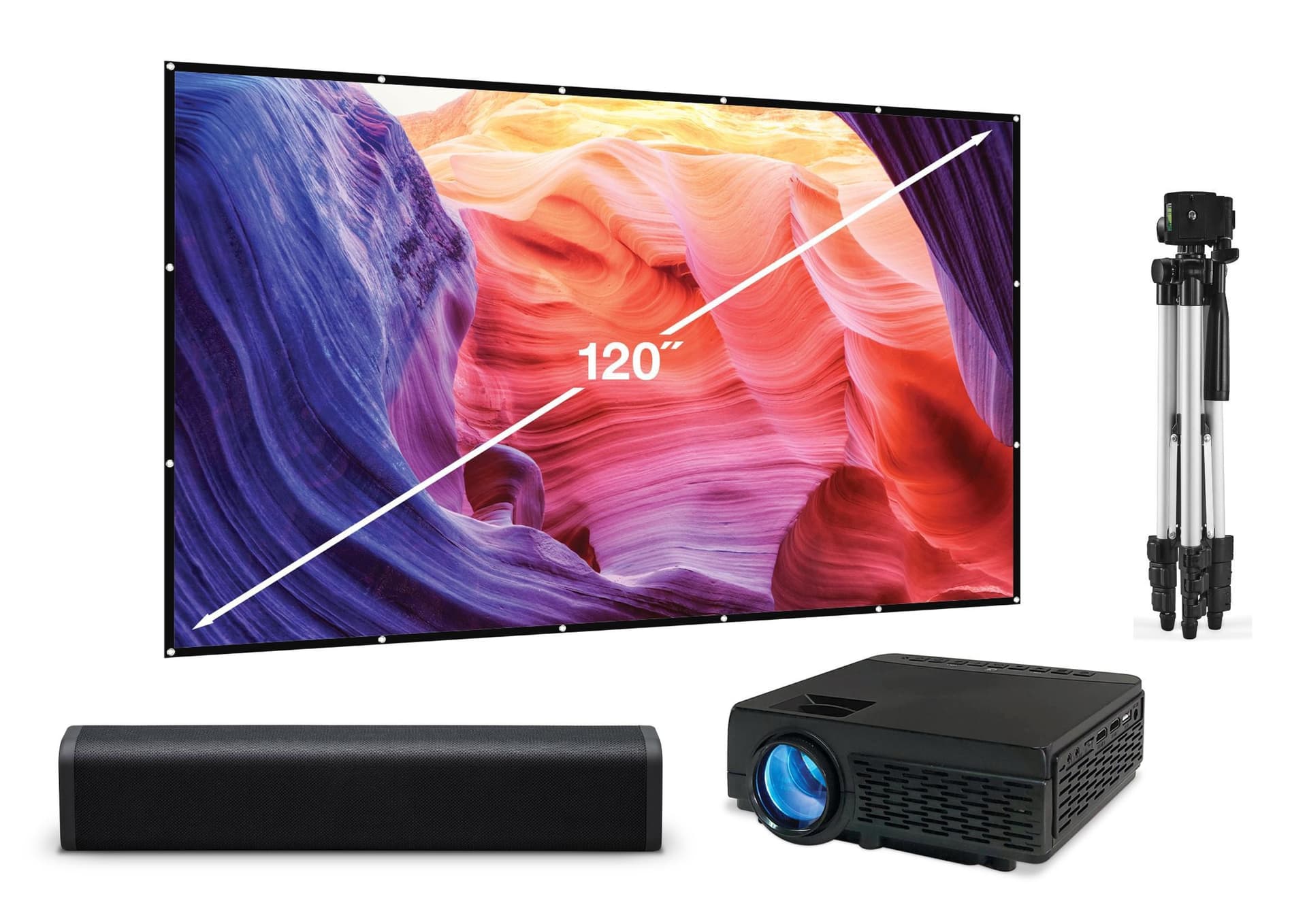 BT Projector Bundle w/ 120" Projection Screen w/15" Speaker Bar and Tripod