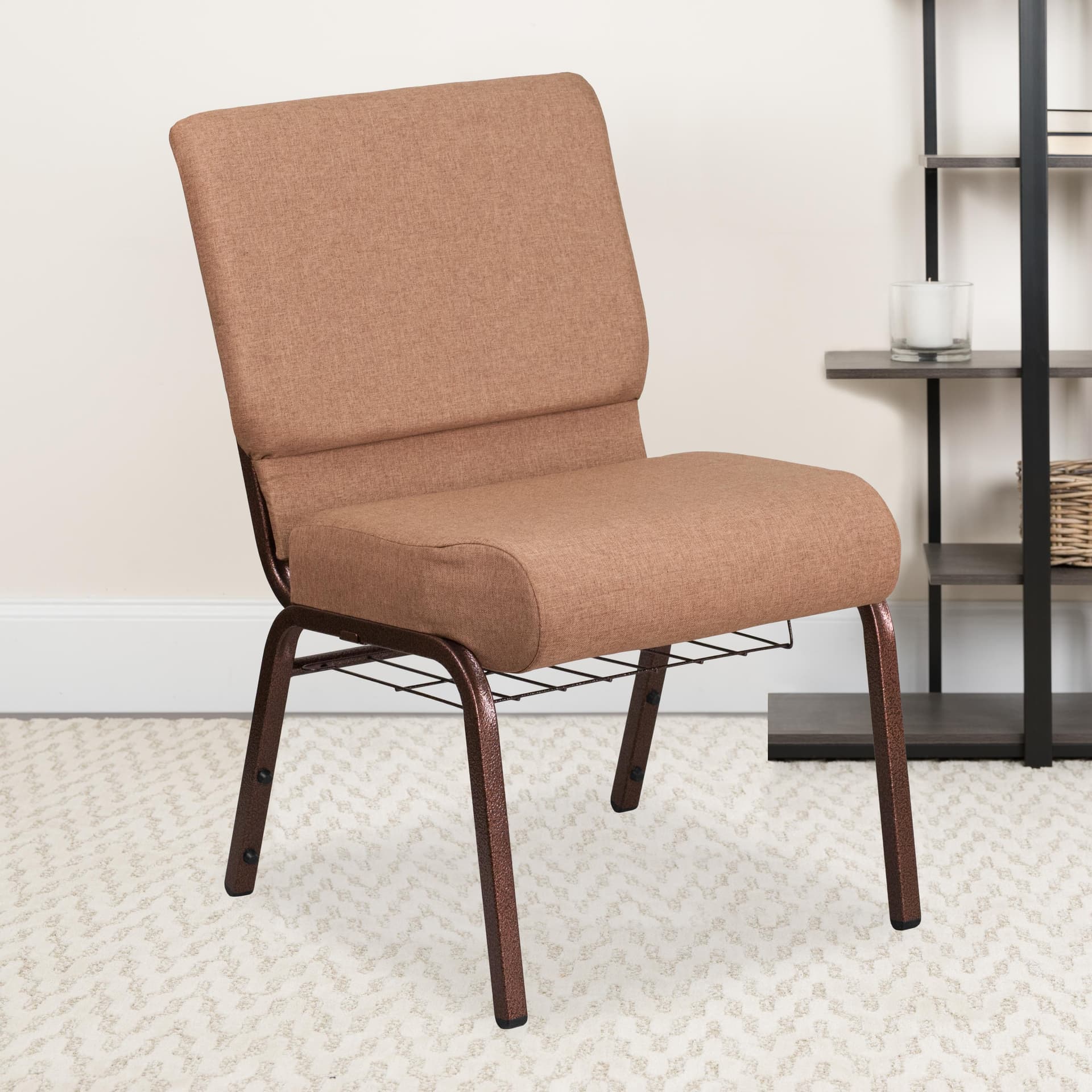21"W Church Chair in Caramel Fabric with Cup Book Rack - Copper Vein Frame