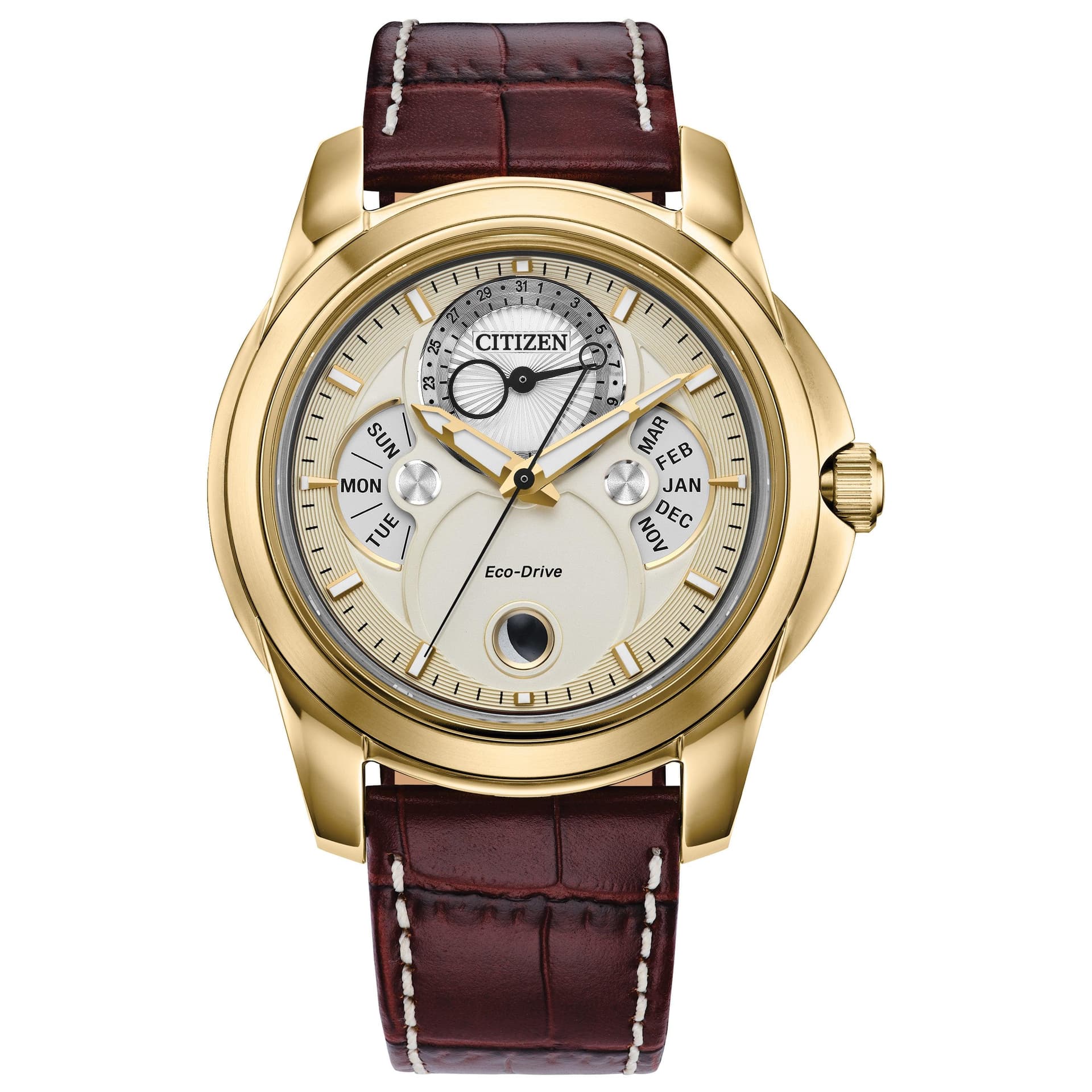 Mens Calendrier Eco-Drive Brown Leather Strap Watch Cream & Silver Dial