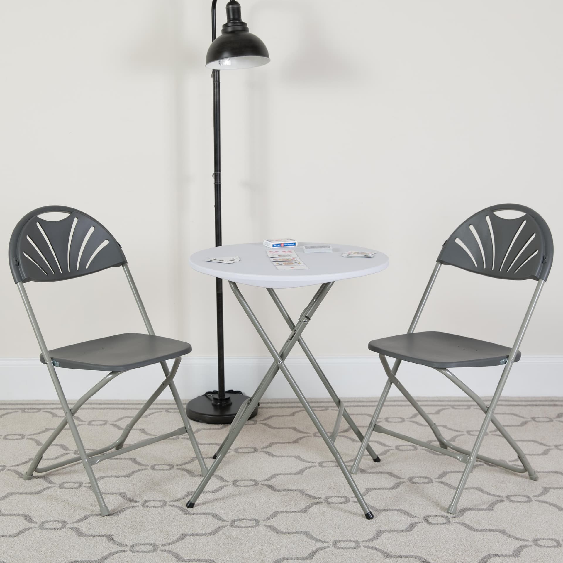 2 Pack 650 lb. Rated Charcoal Plastic Fan Back Folding Chair