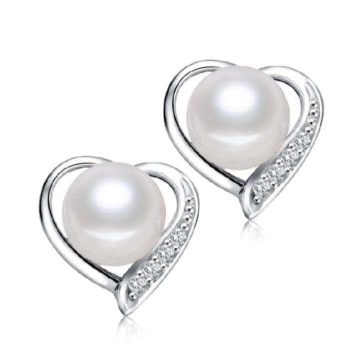 Sterling Silver Heart with Pearl & CZ Earrings