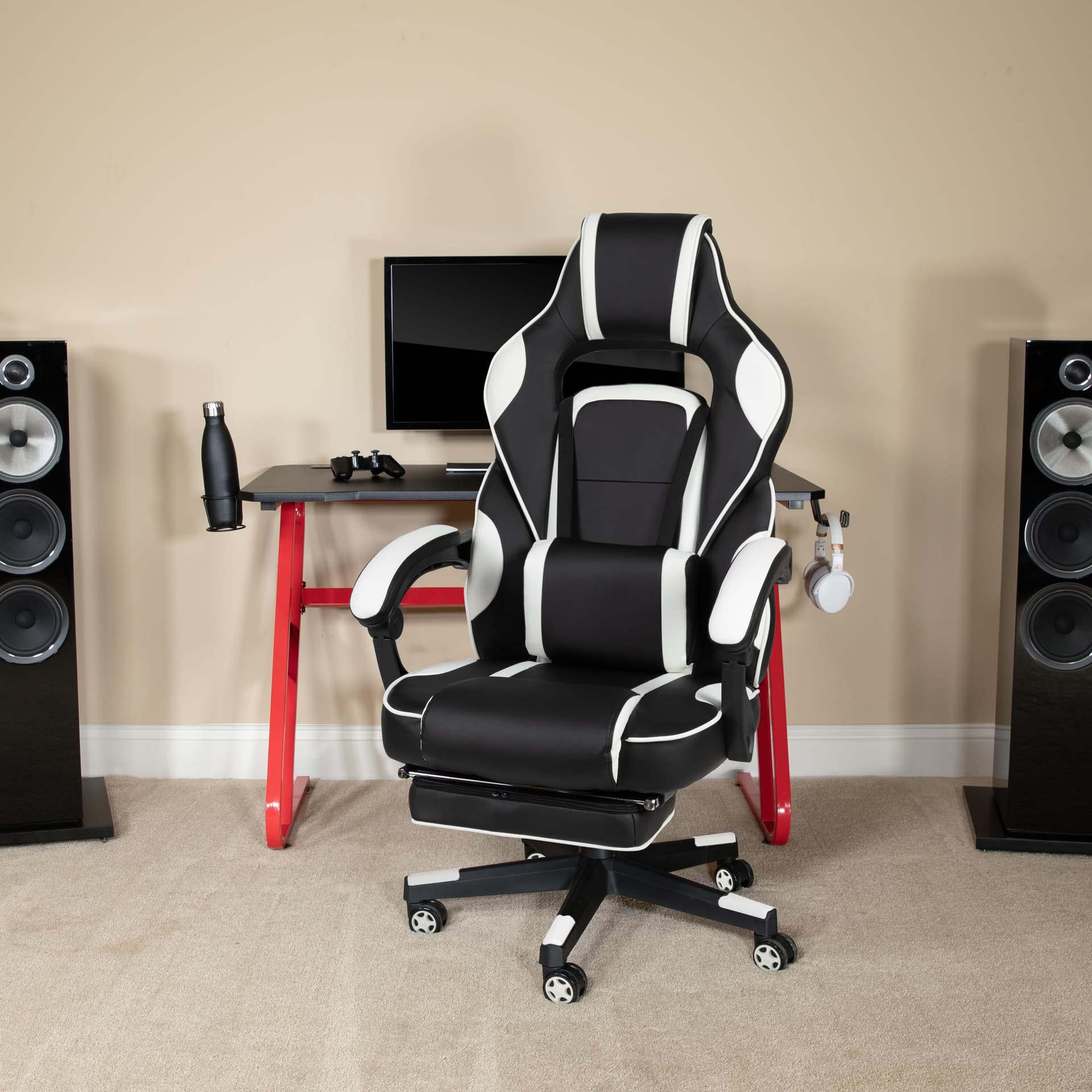White Ergonomic Gaming Chair - Reclining Back/Arms, Footrest, Massaging Lumbar