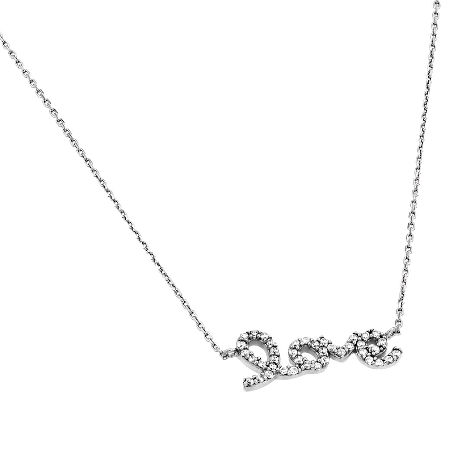 PARIKHS Rhodium Plated Clear CZ Love Pendant Necklace in 925 Sterling Silver