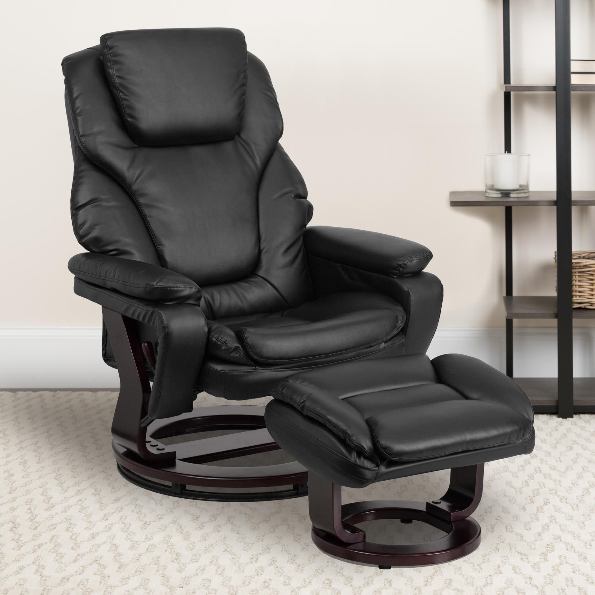 Black LeatherSoft Multi-Position Recliner & Ottoman w/Swivel and Mahogany Wood Base
