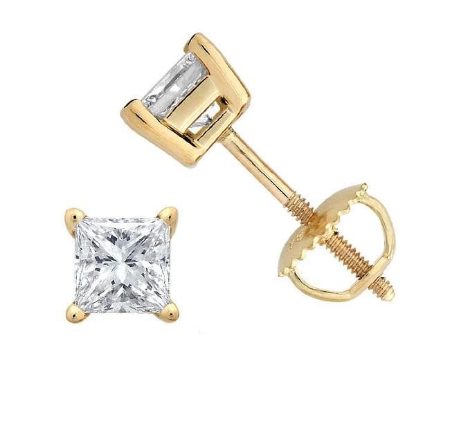 Certified PARIKHS Princess cut Premium Diamond Screwback Stud 14K YG 0.30ct IJ Color,SI2 Clarity