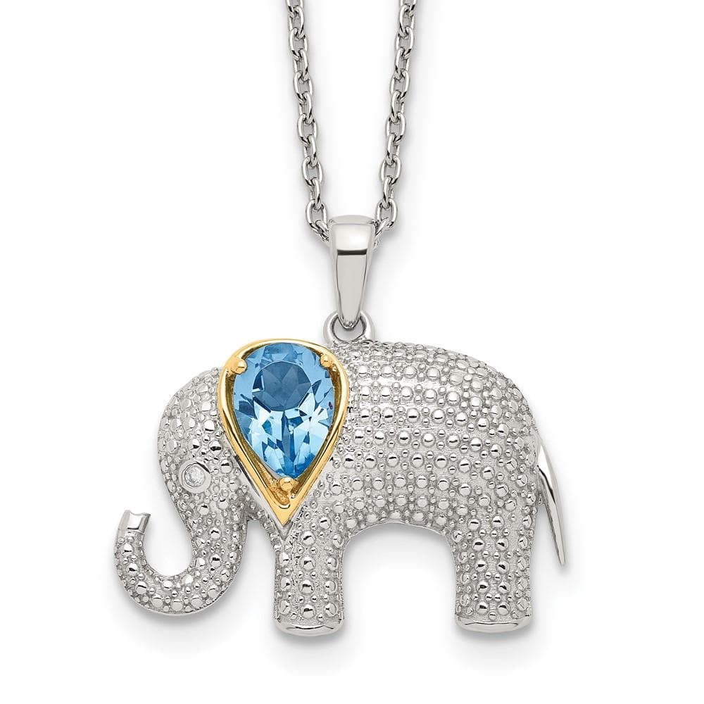Sterling Silver w/14k Blue Topaz Diamond Elephant 18" Necklace
