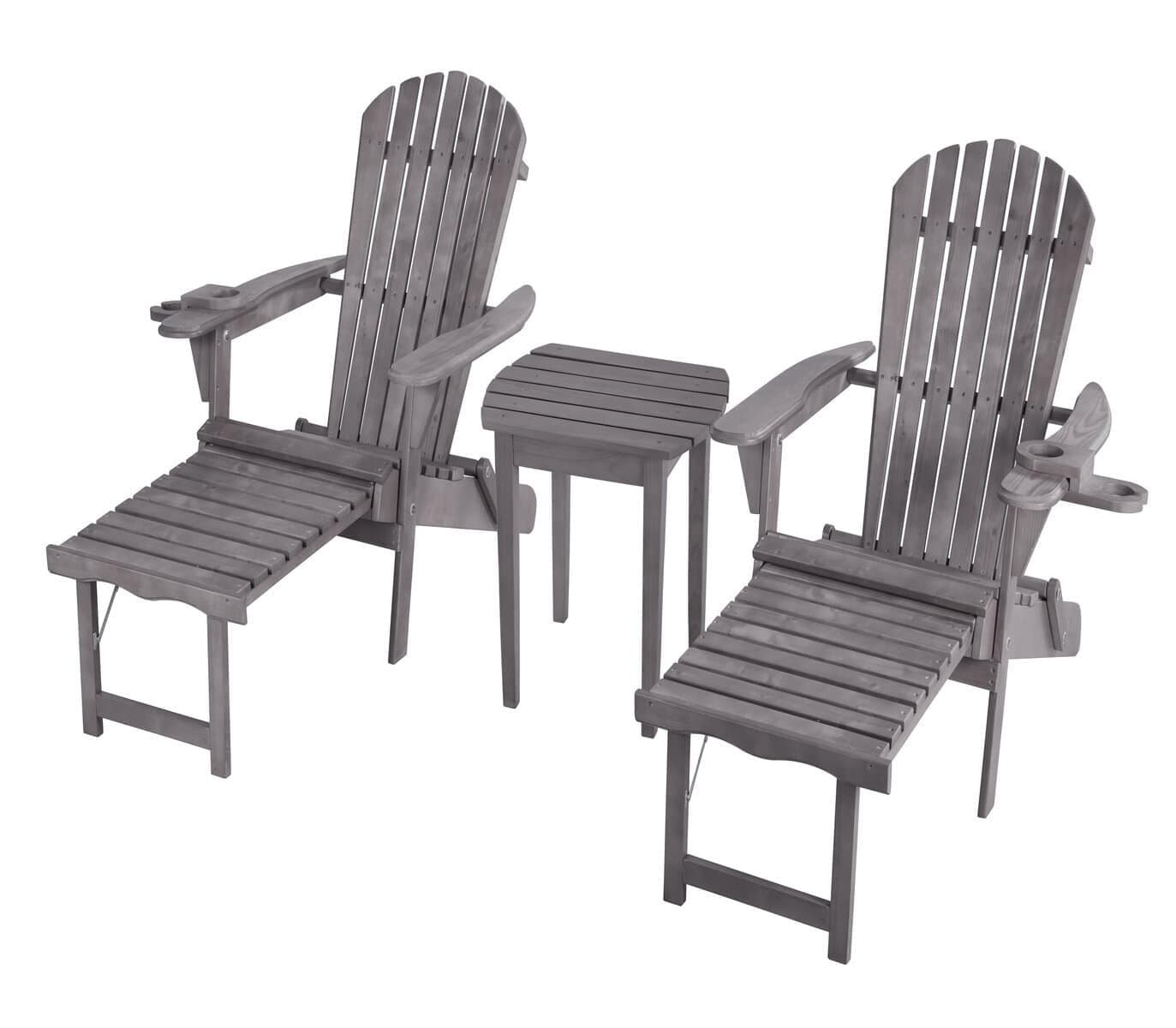 Oceanic Adirondack Chaise Lounge w/Ottoman & Beverage Holder, Set of 2 & End Table - Dark Gray