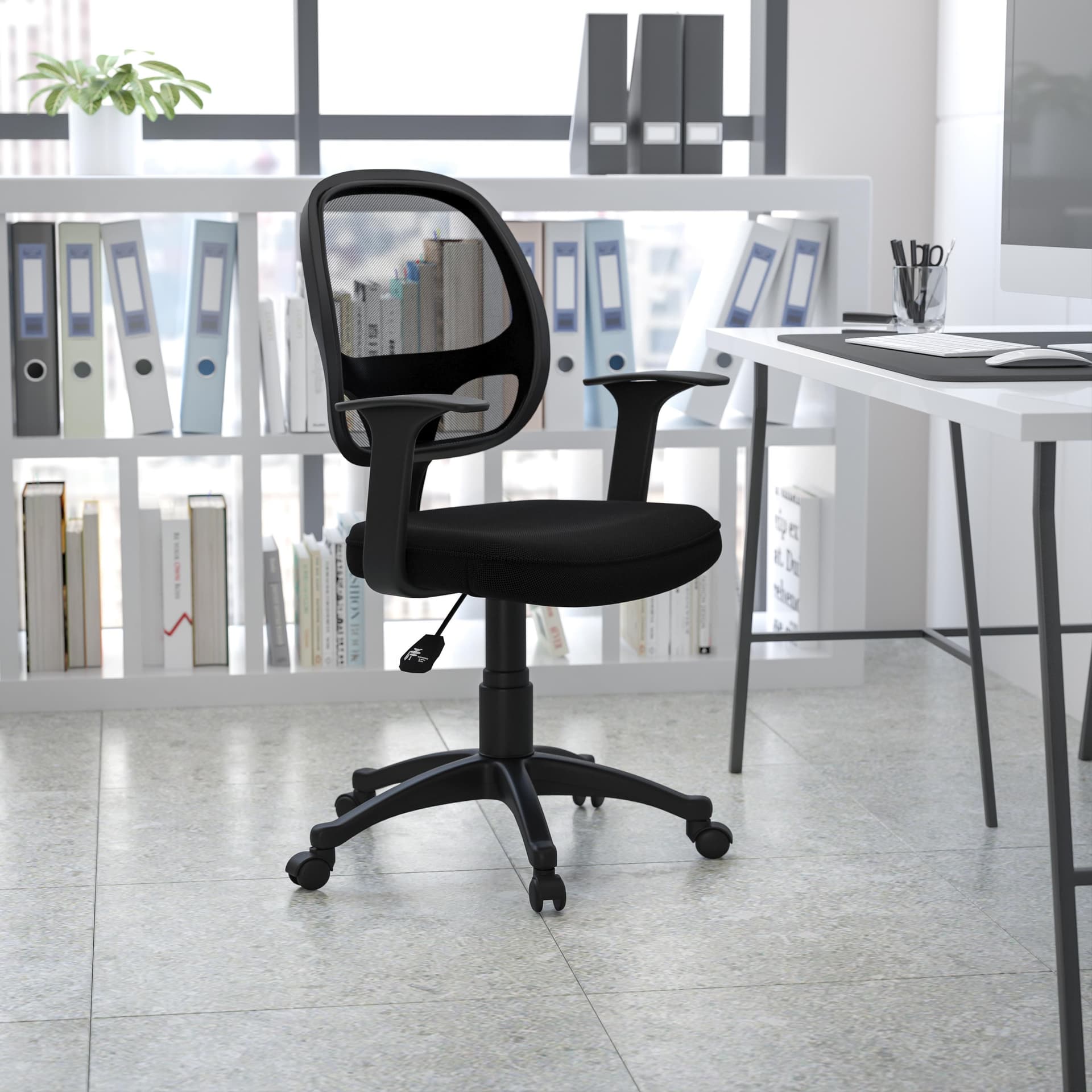 Mid-Back Black Mesh Swivel Task Office Chair with T-Arms