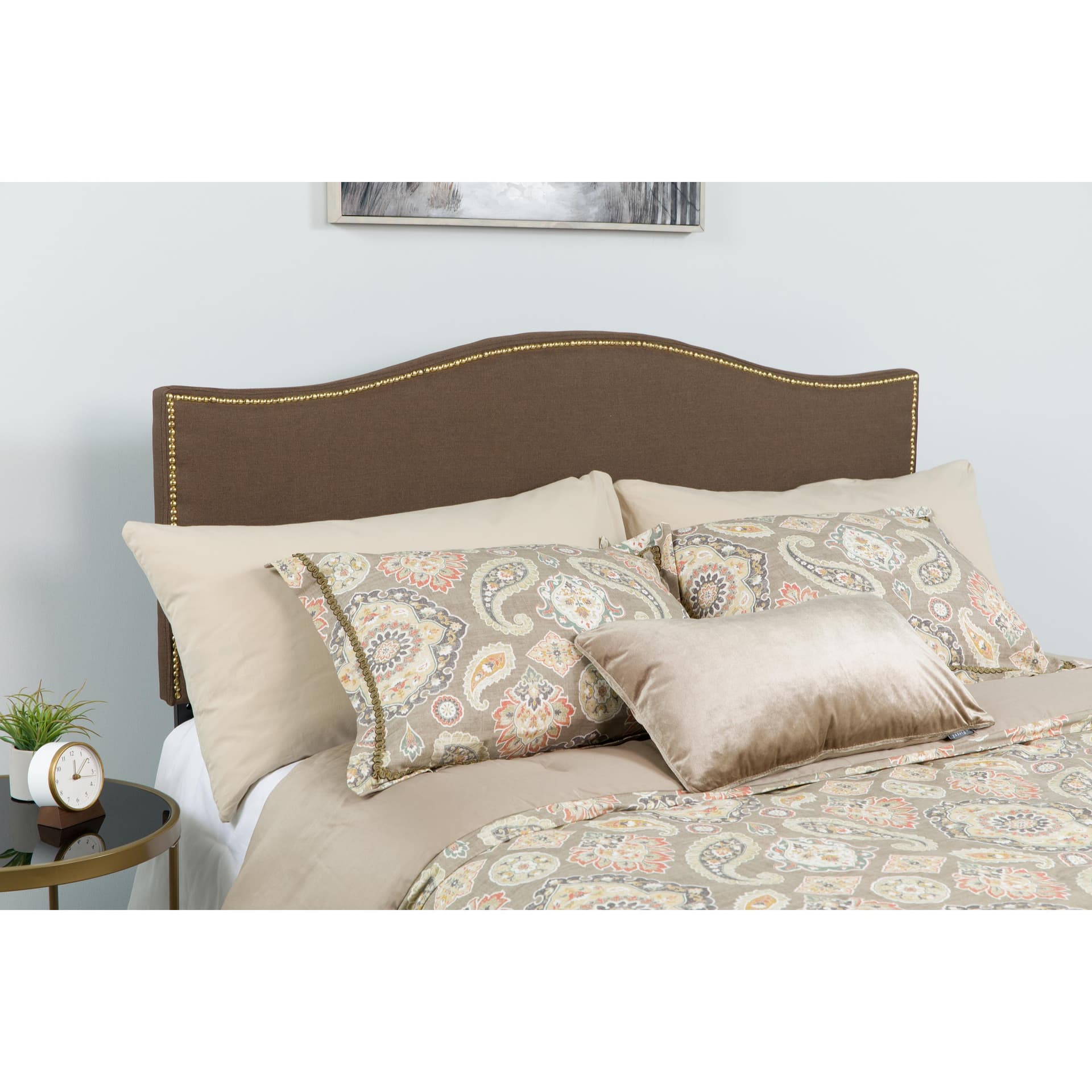 Upholstered King Size Arched Headboard with Accent Nail Trim in Dk Brown Fabric