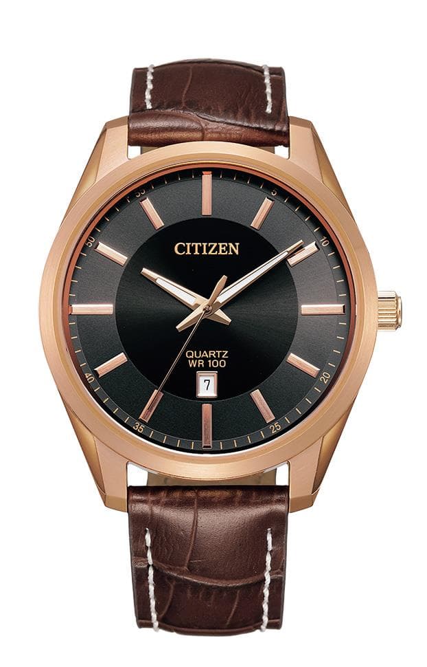 Mens Rose Gold Quartz Leather Strap Watch Black Dial