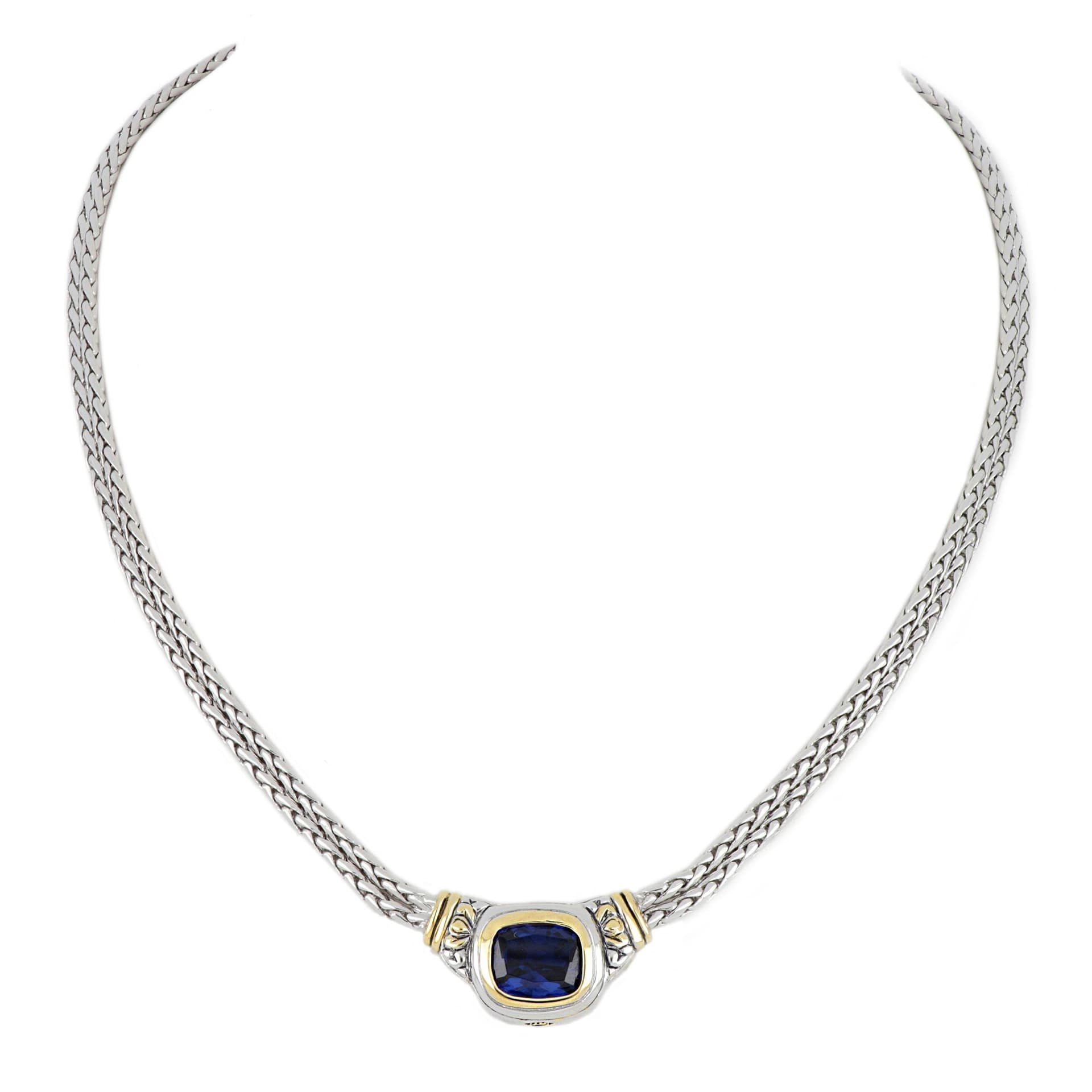 Nouveau Double Strand Necklace. Large Color CZ, Indigo. 16" L, Settings 1" Lx1/2"W. Rhodium chain