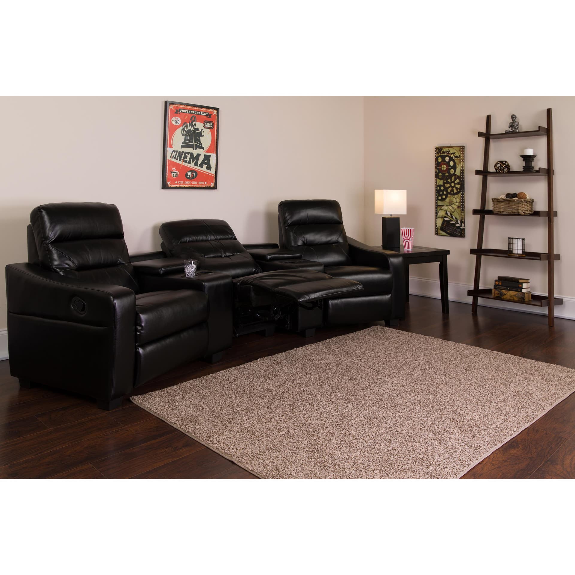 3-Seat Reclining Black LeatherSoft Tufted Bustle Back Seating Unit w/Cup Holders