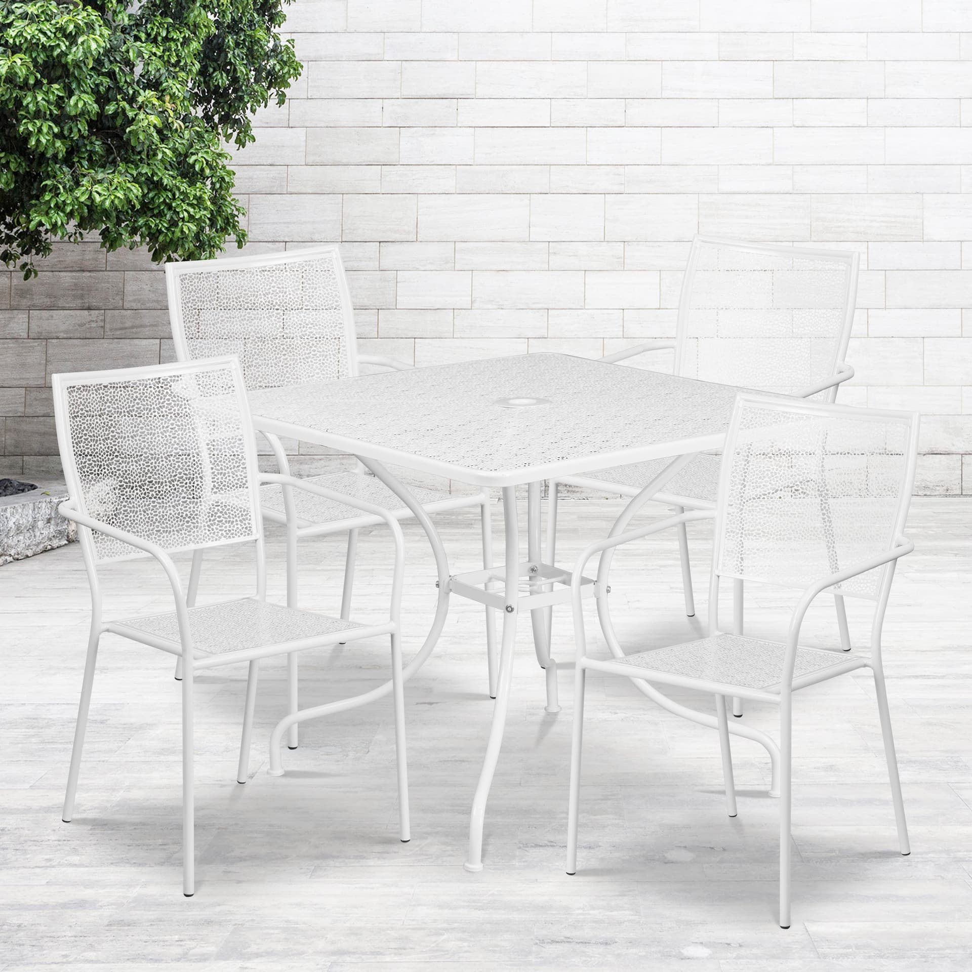 35.5" Square White Indoor-Outdoor Steel Patio Table Set w/ 4 Square Back Chairs