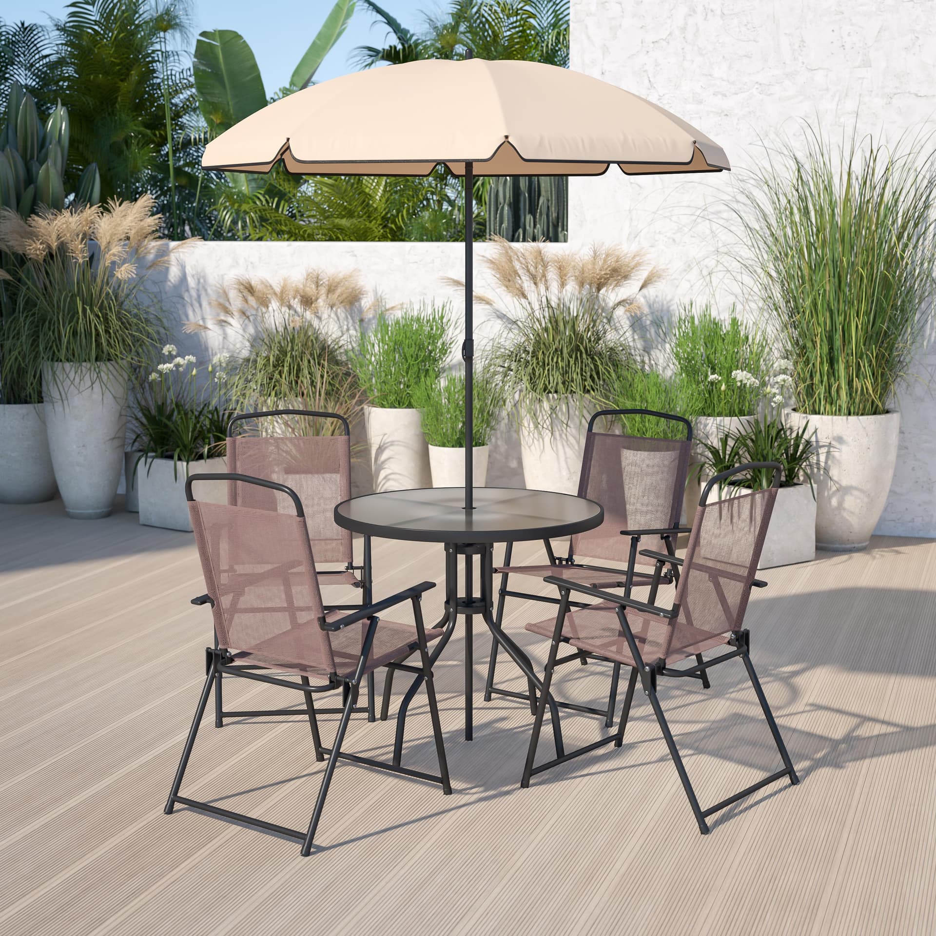 6 Piece Brown Patio Garden Set with Umbrella Table and Set of 4 Folding Chairs