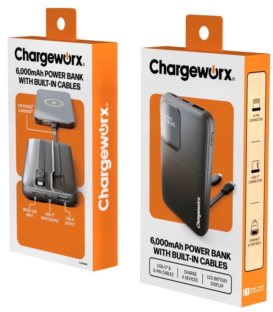 Chargeworx 6,000mAh Power Bank with Dual USB-A Ports & Built-In USB-C & Lightning Cables