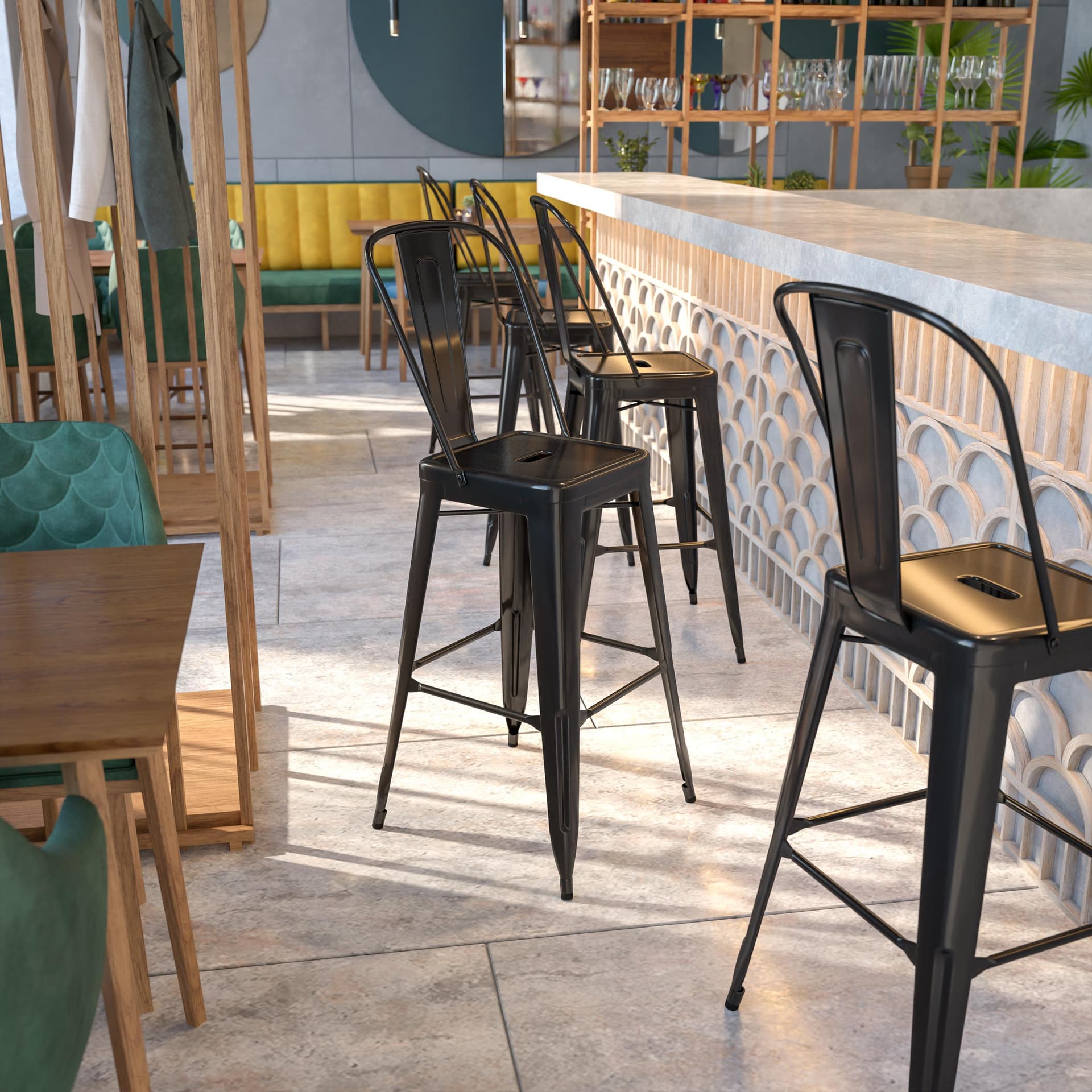 30" High Black Metal Indoor-Outdoor Barstool with Back