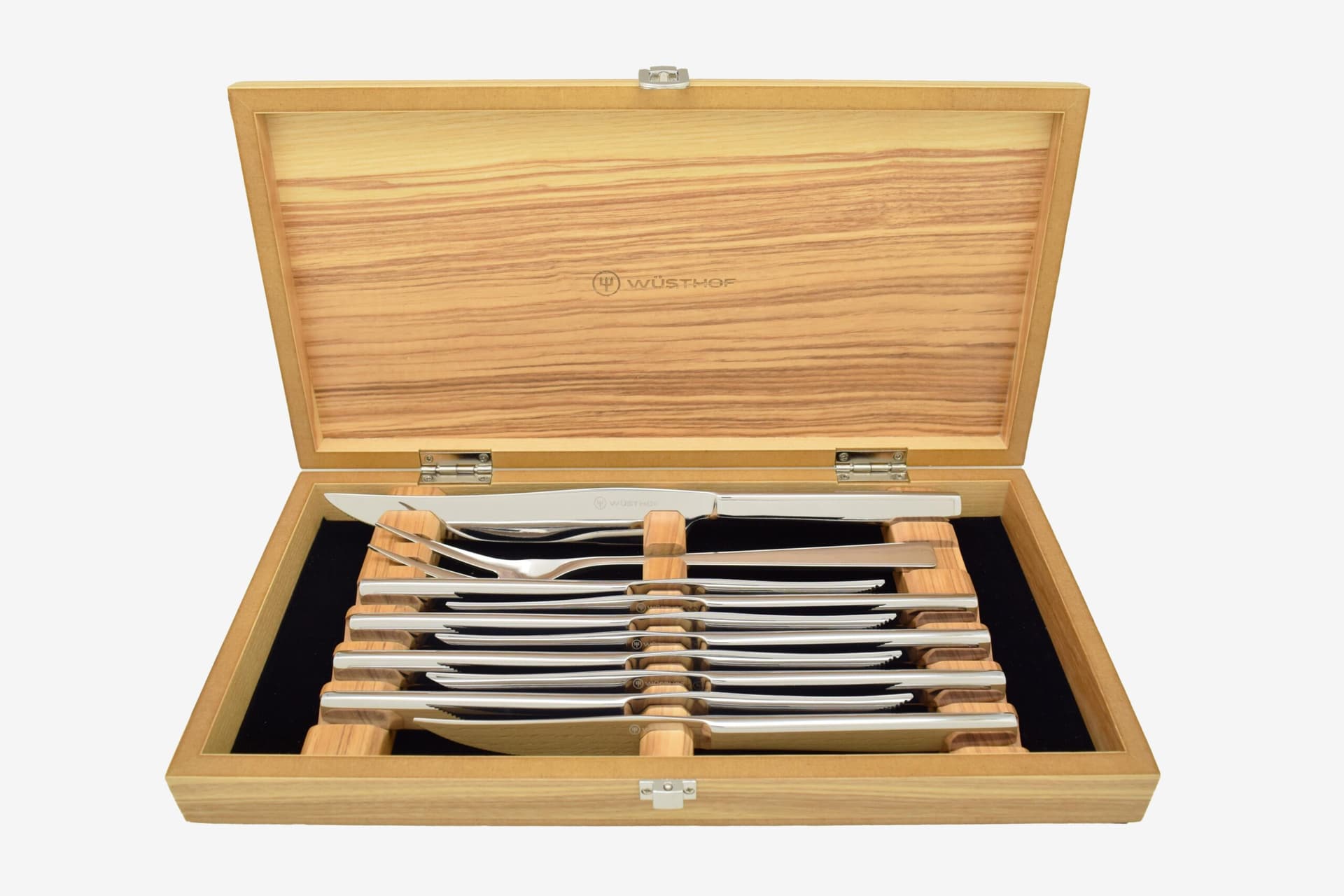 Stainless Ten Piece Steak Knife and Carving Set In Olivewood Chest