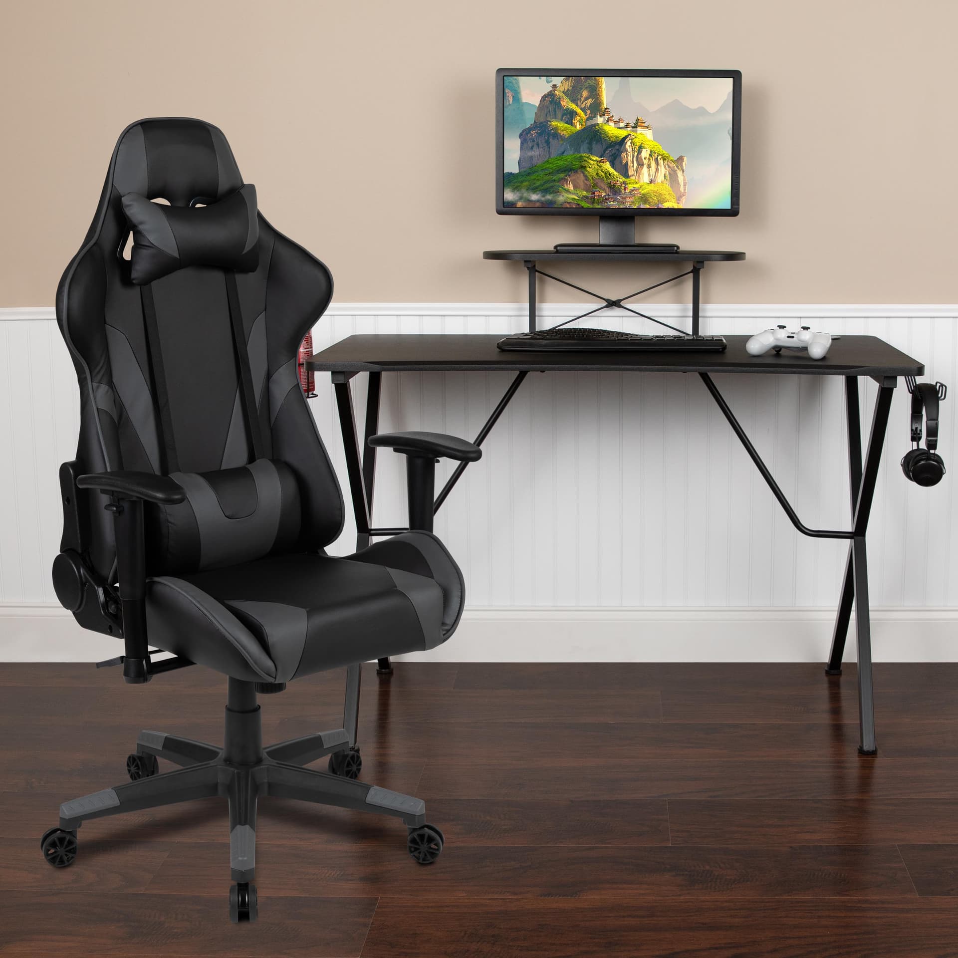 Gaming Bundle-Desk, Cup Holder/Headphone Hook & Gray Reclining Chair and Monitor Stand
