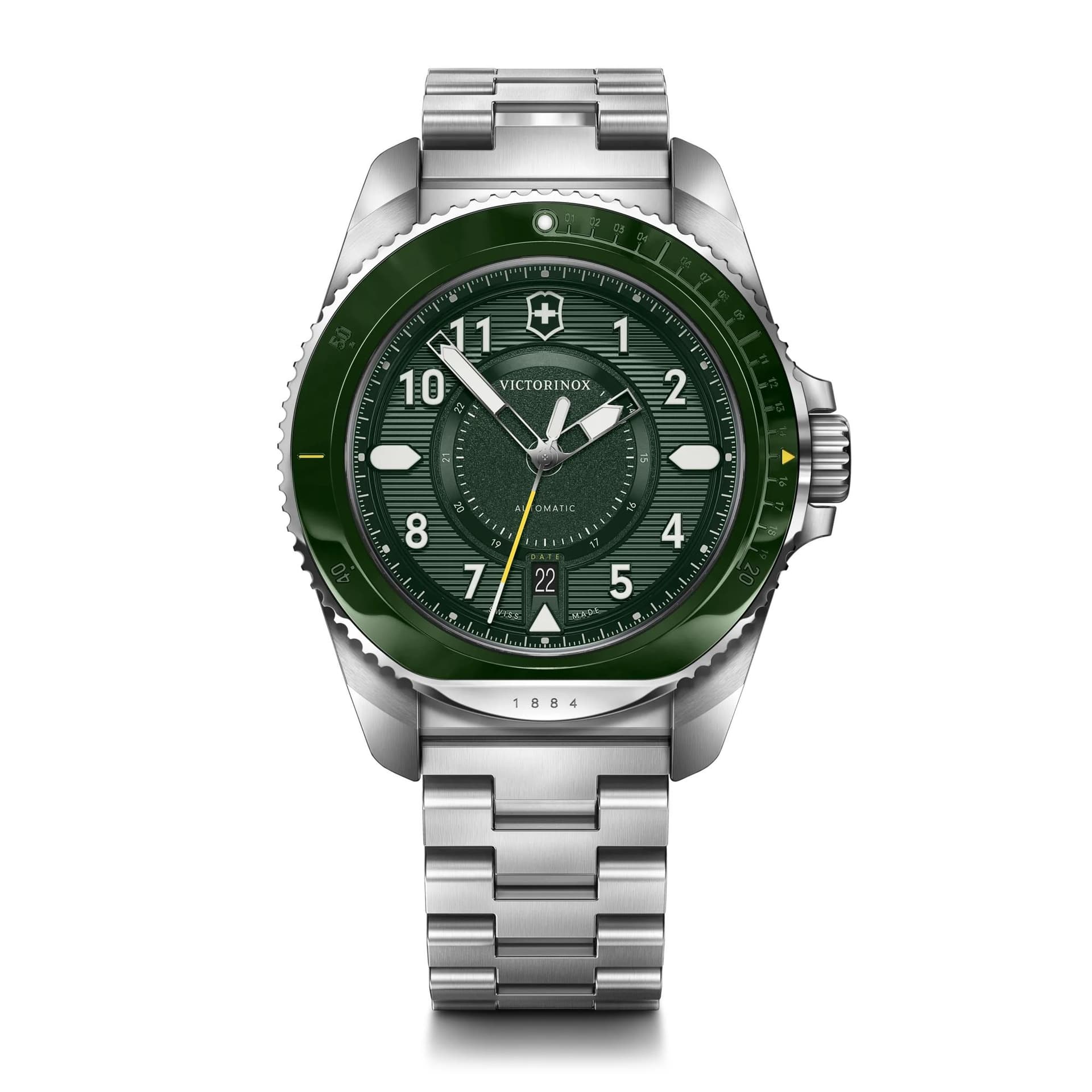 Journey 1884 Auto 43mm, silver stainless steel case, green bezel and dial - stainless steel bracelet
