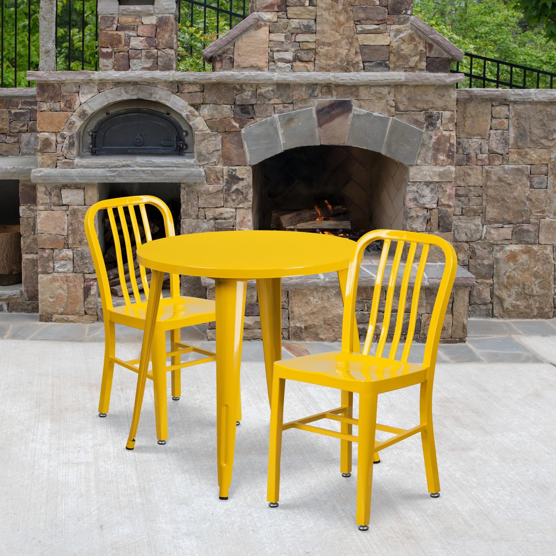 30" Round Yellow Metal Indoor-Outdoor Table Set with 2 Vertical Slat Back Chairs