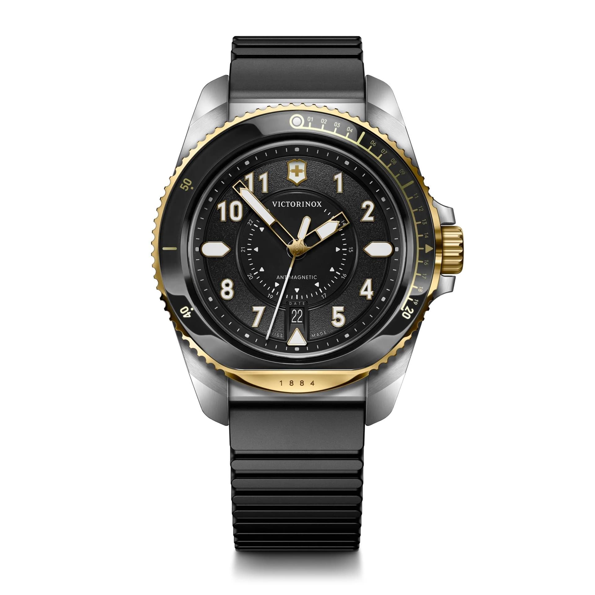 Journey Quartz 43mm, Silver/Gold Tow-Tone Stainless Steel Case, Black Dial, Black Rubber Strap