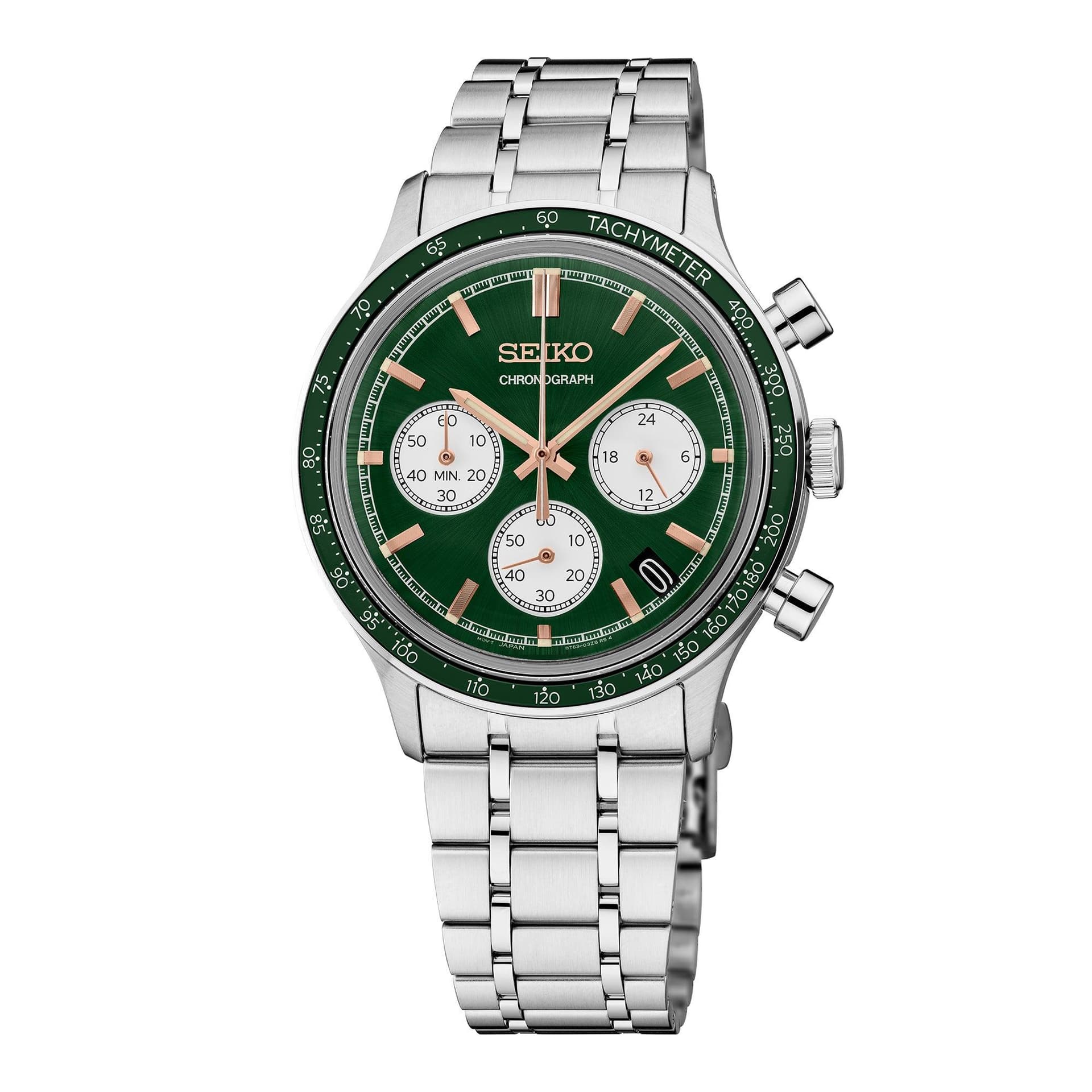 Mens Essentials Chronograph Silver-Tone Stainless Steel Watch Green Dial