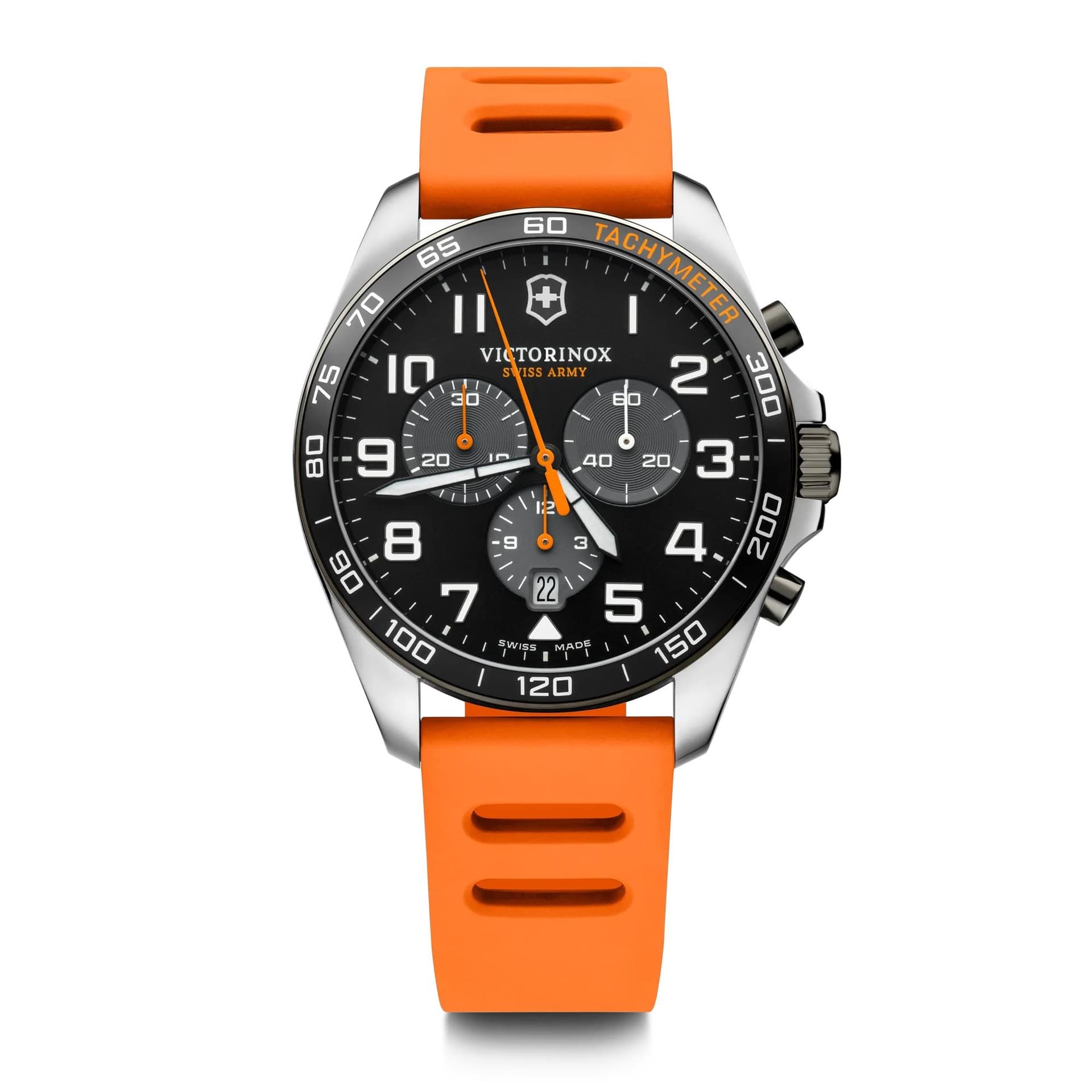 Fieldforce Sport Chrono, 42mm, Black Bezel, Black Dial, Orange Rubber Strap