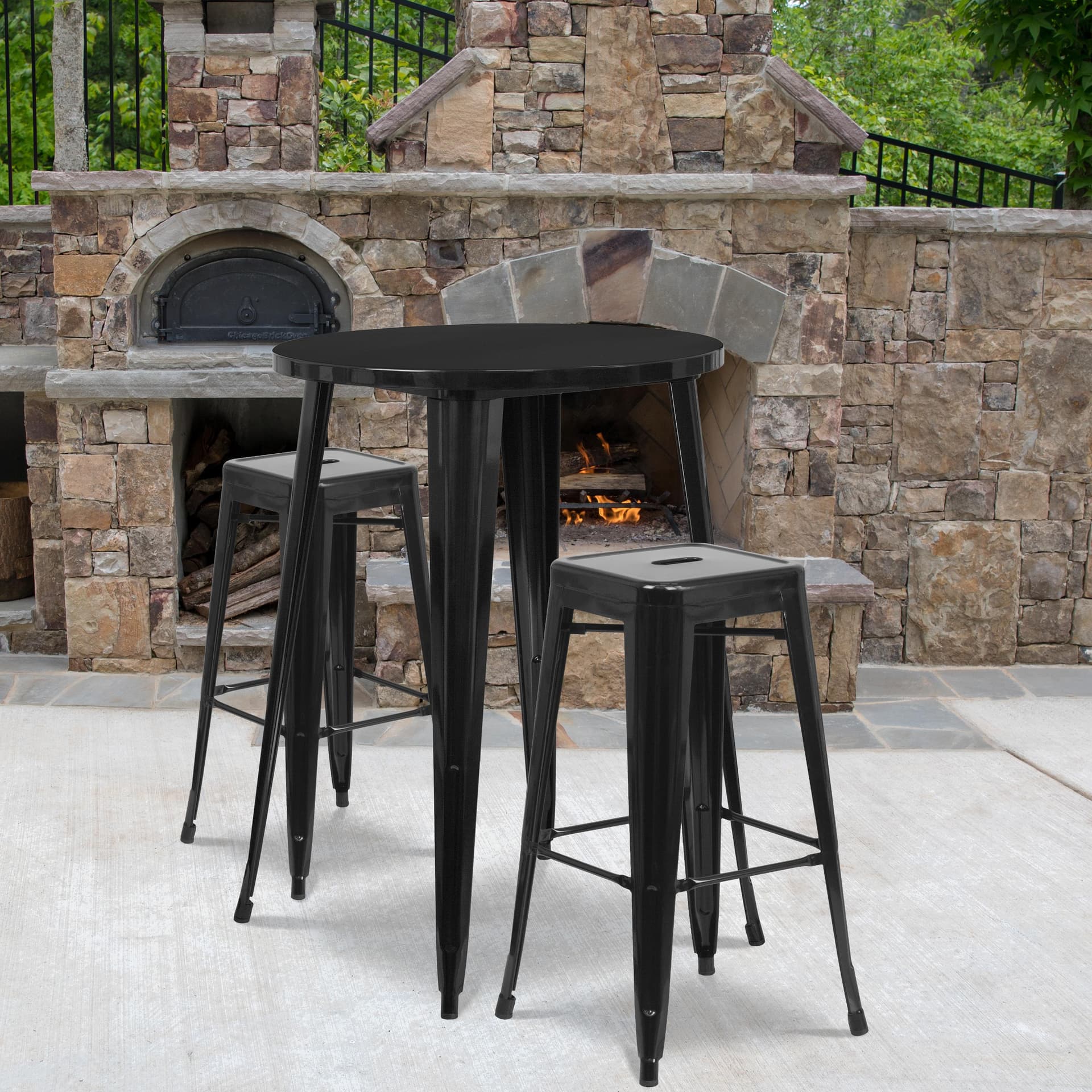 30" Round Black Metal Indoor-Outdoor Bar Table Set with 2 Backless Stools