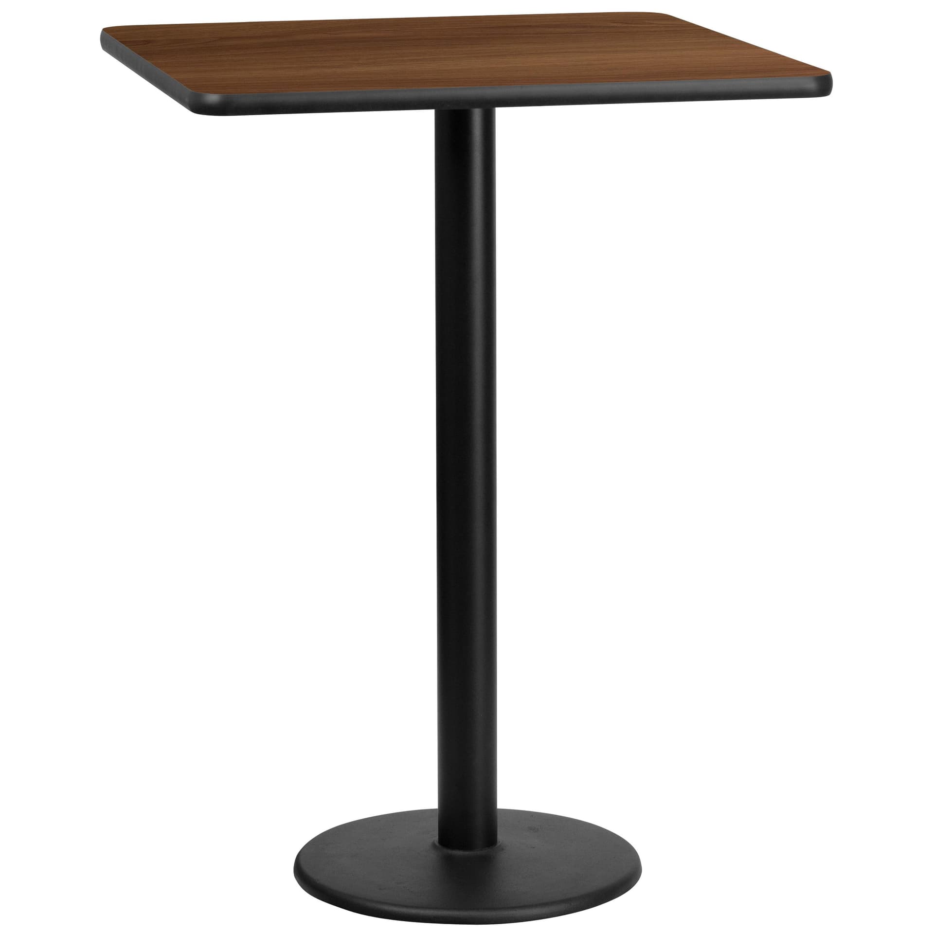 30" Square Walnut Laminate Table Top with 18" Round Bar Height Table Base