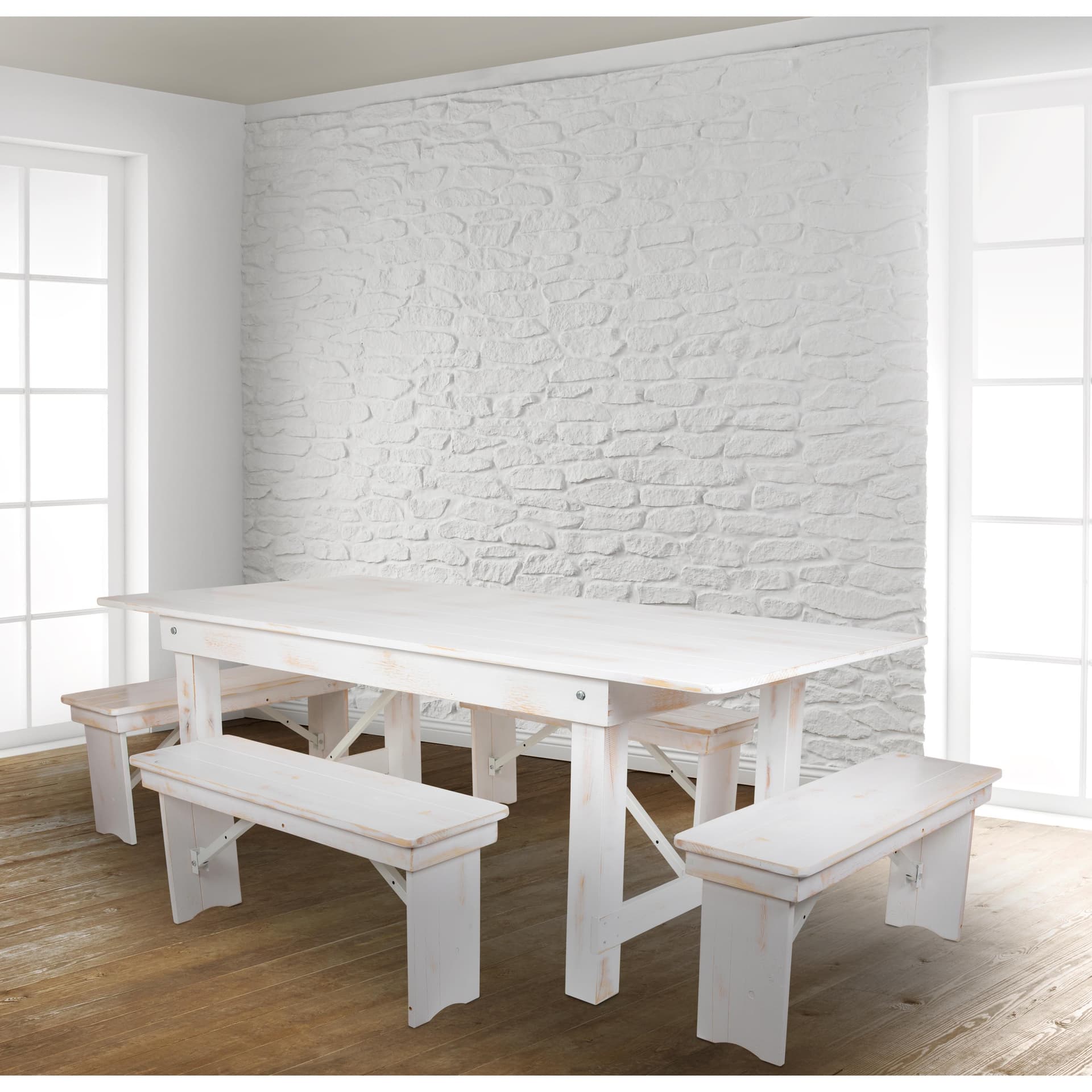 5 Piece Set-7' x 40" Antique Rustic White Folding Farm Table and Four Bench Set