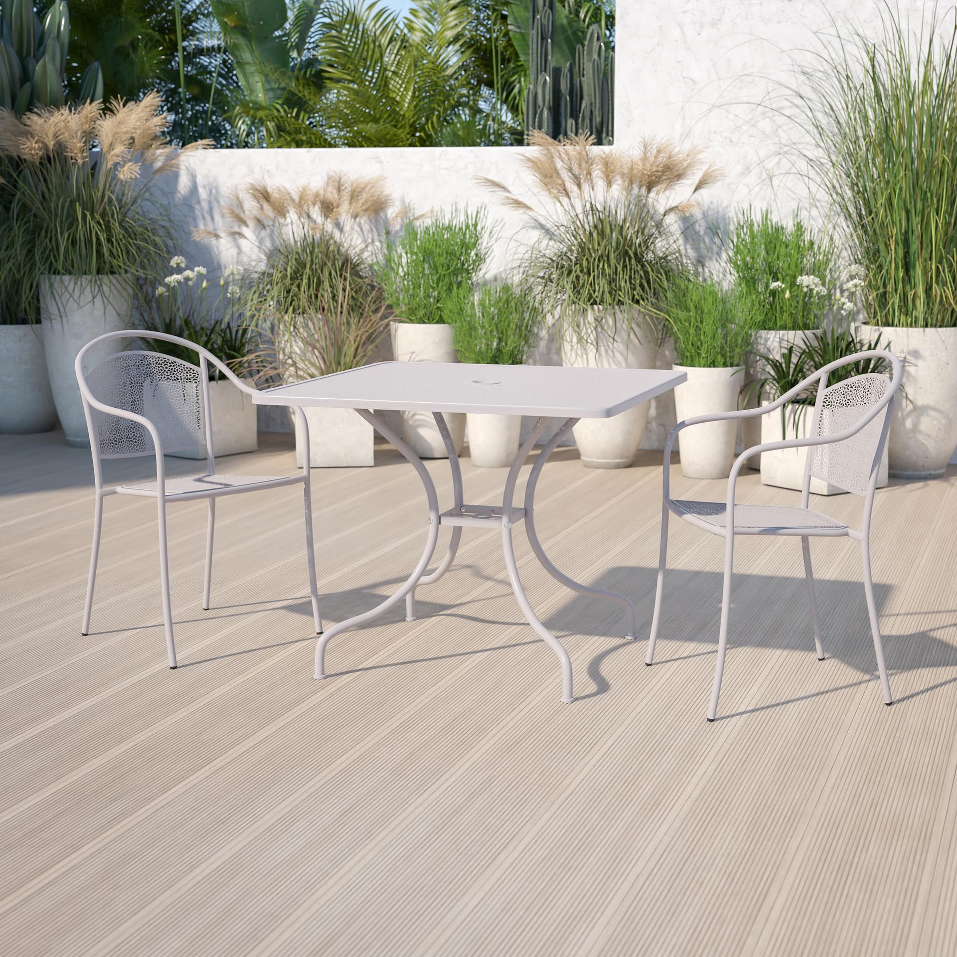 35.5" SQ Lt Gray Indoor-Outdoor Steel Patio Table-Umbrella Hole