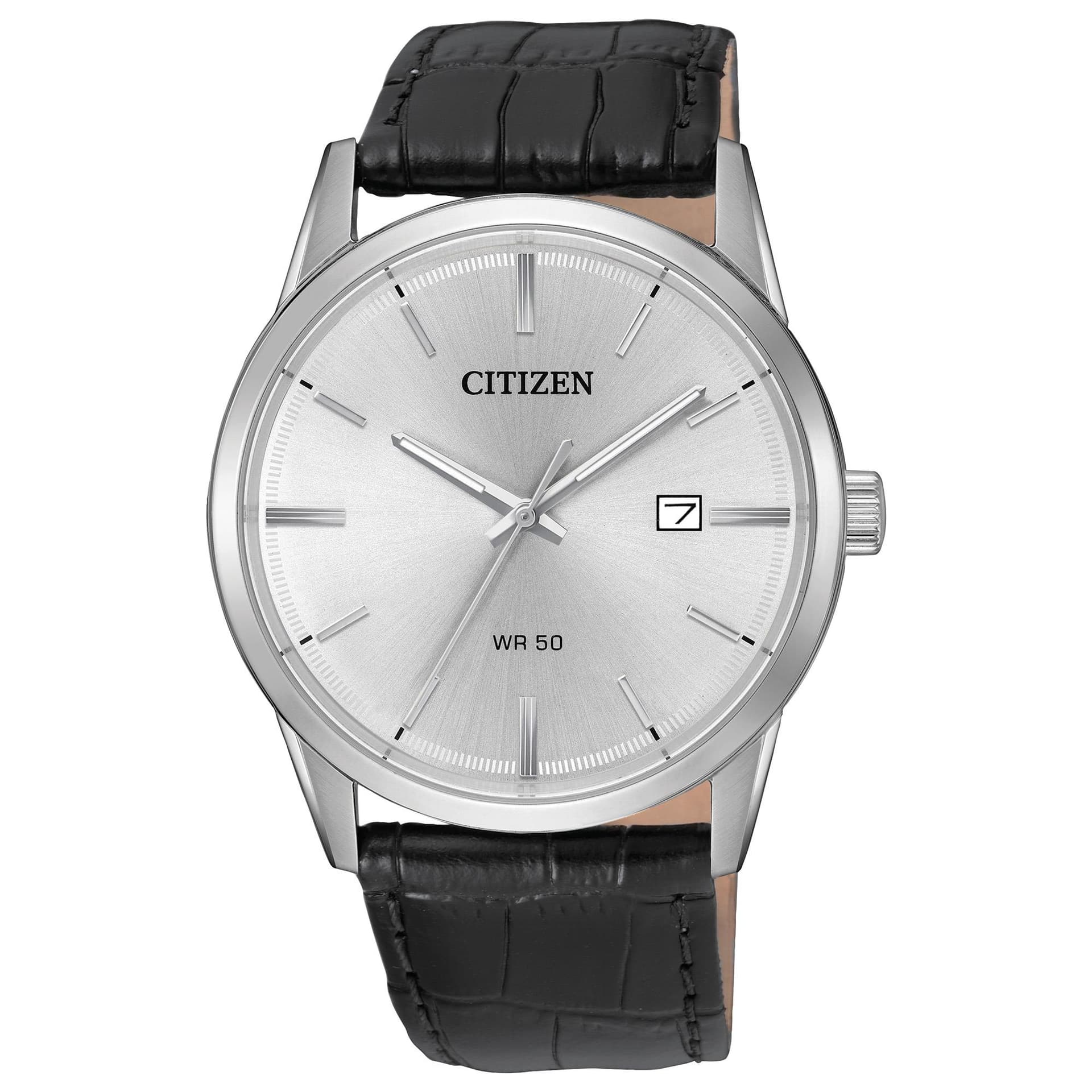 Men's Quartz Black Leather Strap Watch White Dial
