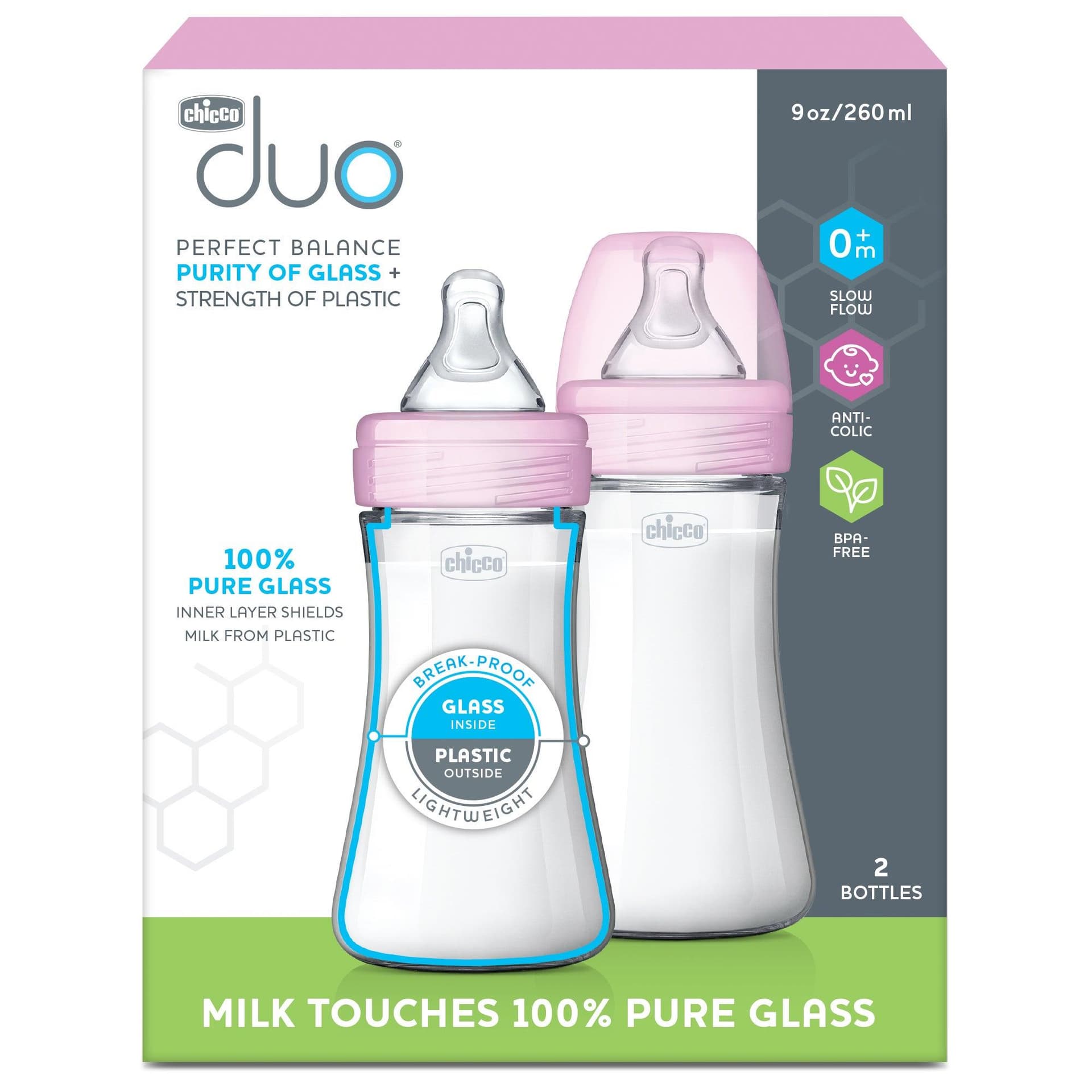 Duo 9oz Hybrid Baby Bottle - 2-Pack Pink