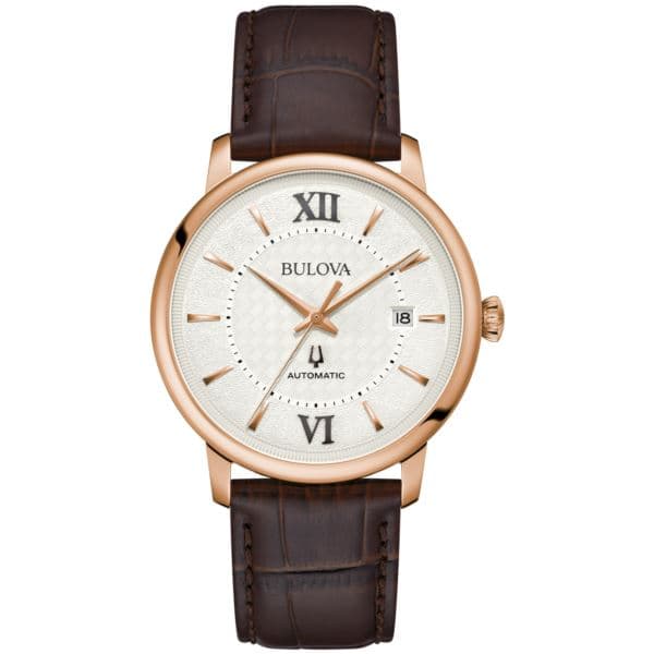 Men's Hudson Automatic Brown Leather Strap Watch Silver Basketweave Dial